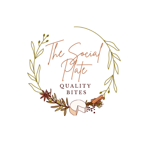 Logo for The Social Plate with the tagline Quality Bites, surrounded by botanical illustrations of leaves, cinnamon sticks, and a star anise.