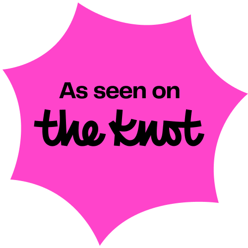 Pink starburst shape with black text that says "As seen on the knot".
