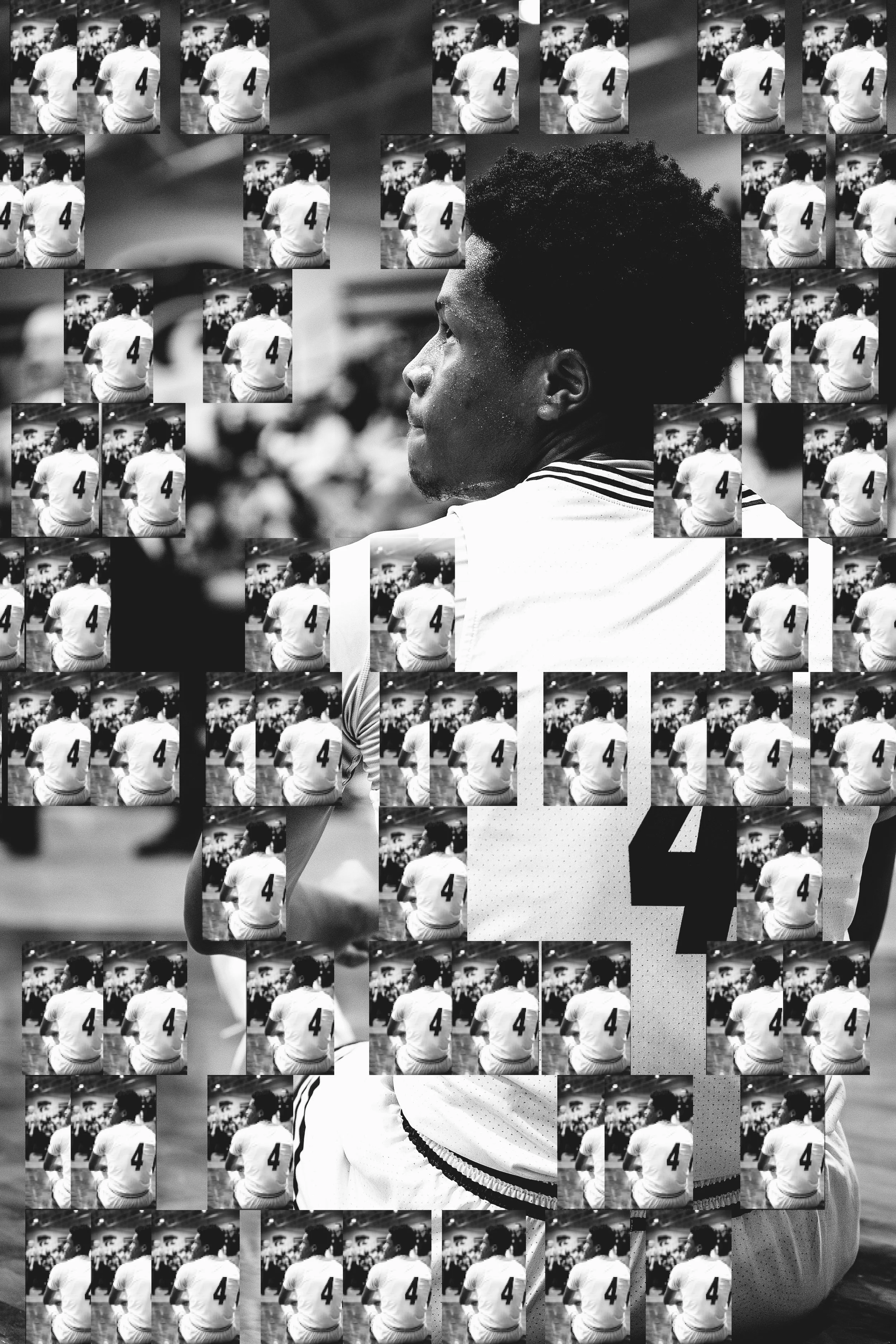 Black and white photo of a young man with curly hair sitting and looking to the side, wearing a sports jersey with the number 4. In the background, there are repeated images of a person with their back turned, also wearing a sports jersey with the nu