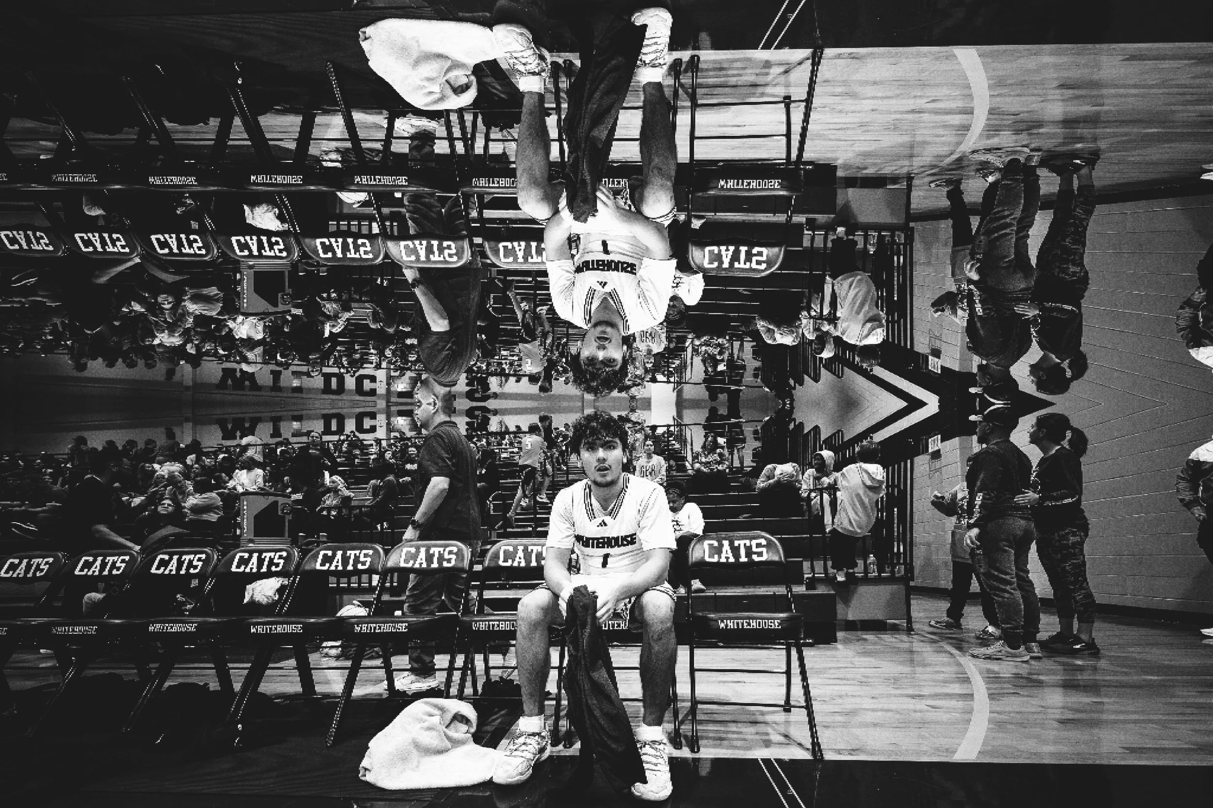 A basketball player sitting on the bench in a gymnasium, facing the camera, with another player standing in front of him and a third player upside down on the ceiling, all in black and white. The gym is filled with spectators and team staff.