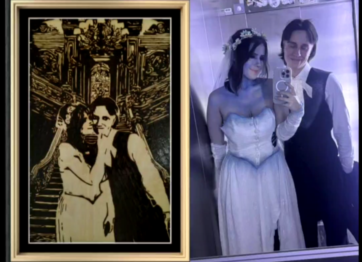 Side-by-side comparison of original wedding photograph and finished custom wood-burned wedding portrait, capturing an intimate couple scene with ornate architectural detail through handcrafted pyrography