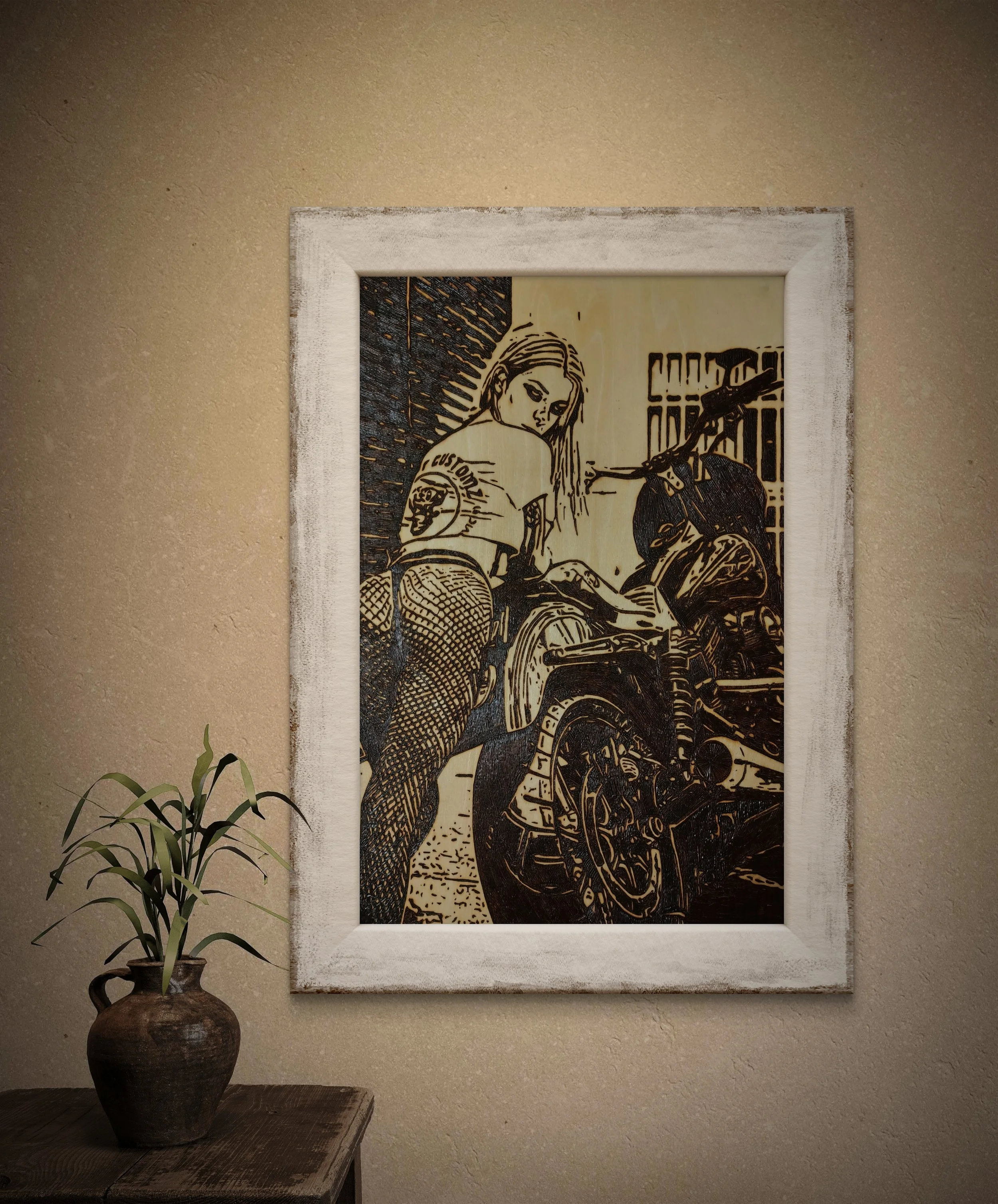 Framed 12x18 hand-burned basswood artwork “Problems & Solutions” displayed in a minimalist interior setting.