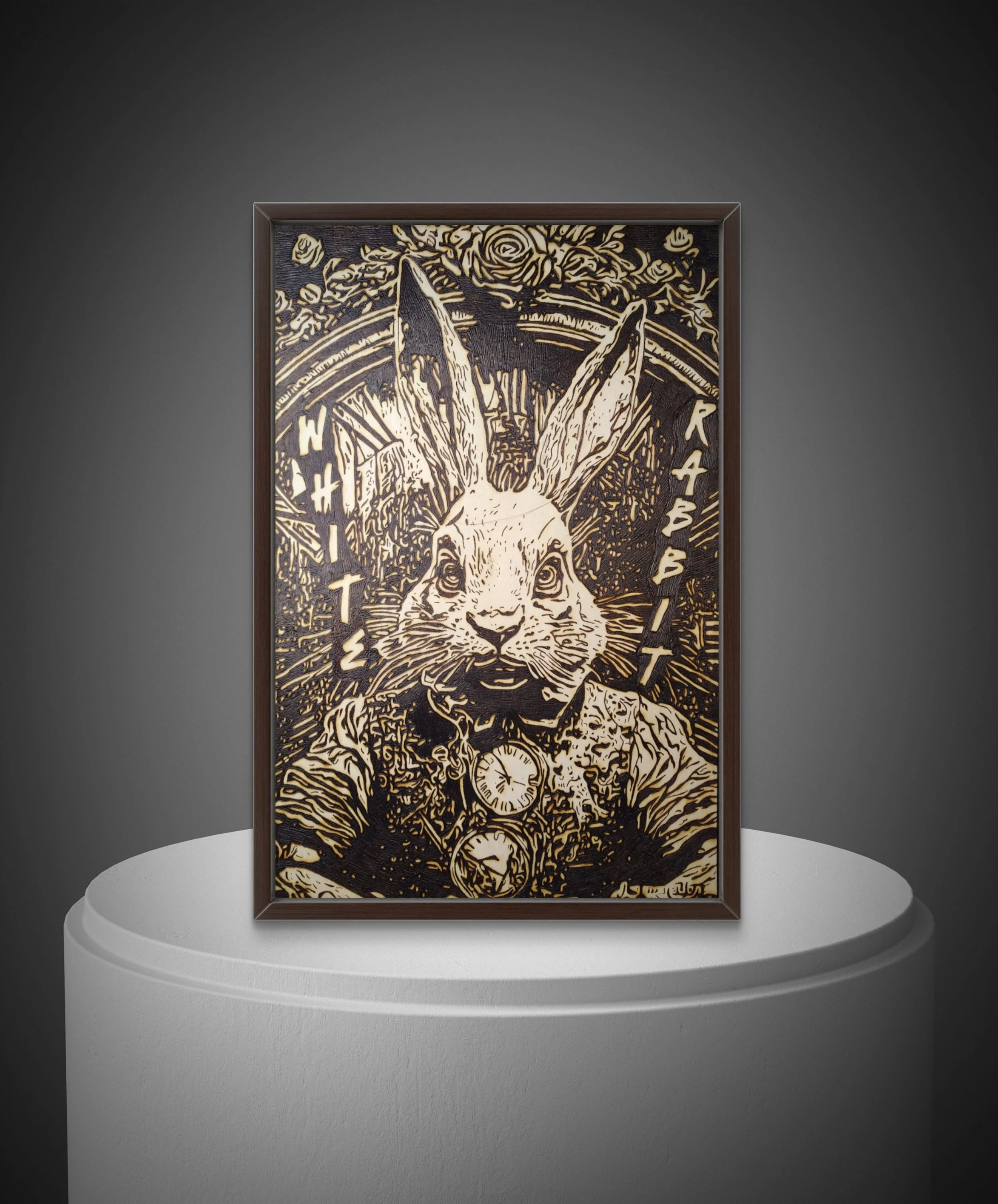 White Rabbit hand-burned wood artwork showing a rabbit face with time motifs and intricate burn texture, displayed in a rustic interior setting