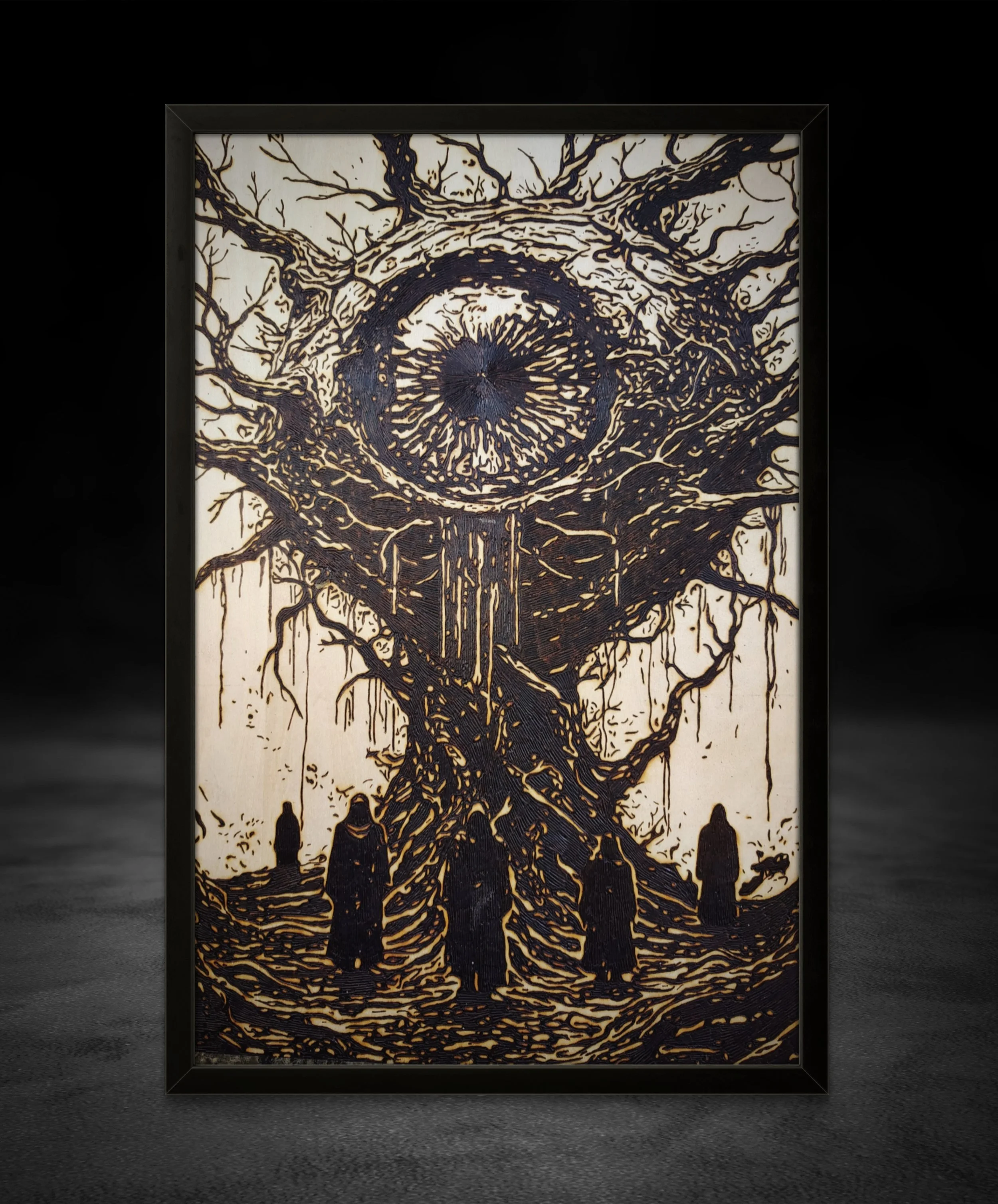 Handcrafted wood burning and pyrography artwork showing a massive symbolic eye embedded in a tree-like structure, burned by hand into solid basswood with high-detail line work
