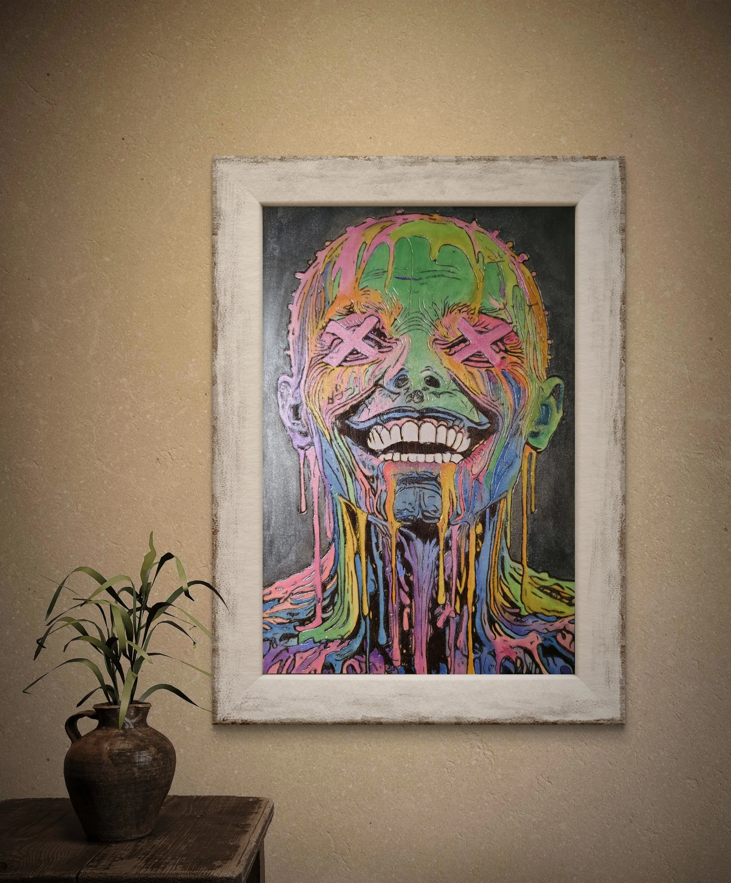 Hand-burned and hand-painted wood artwork depicting a distorted smiling face with crossed eyes, created on basswood with vivid color and detailed line work