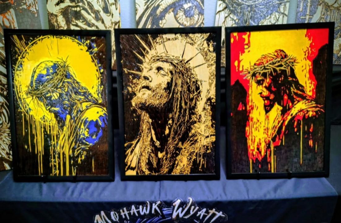 Side-by-side display of original reference imagery and finished wood-burned artwork depicting Jesus Christ in a religious triptych, handcrafted pyrography exploring suffering, redemption, and faith