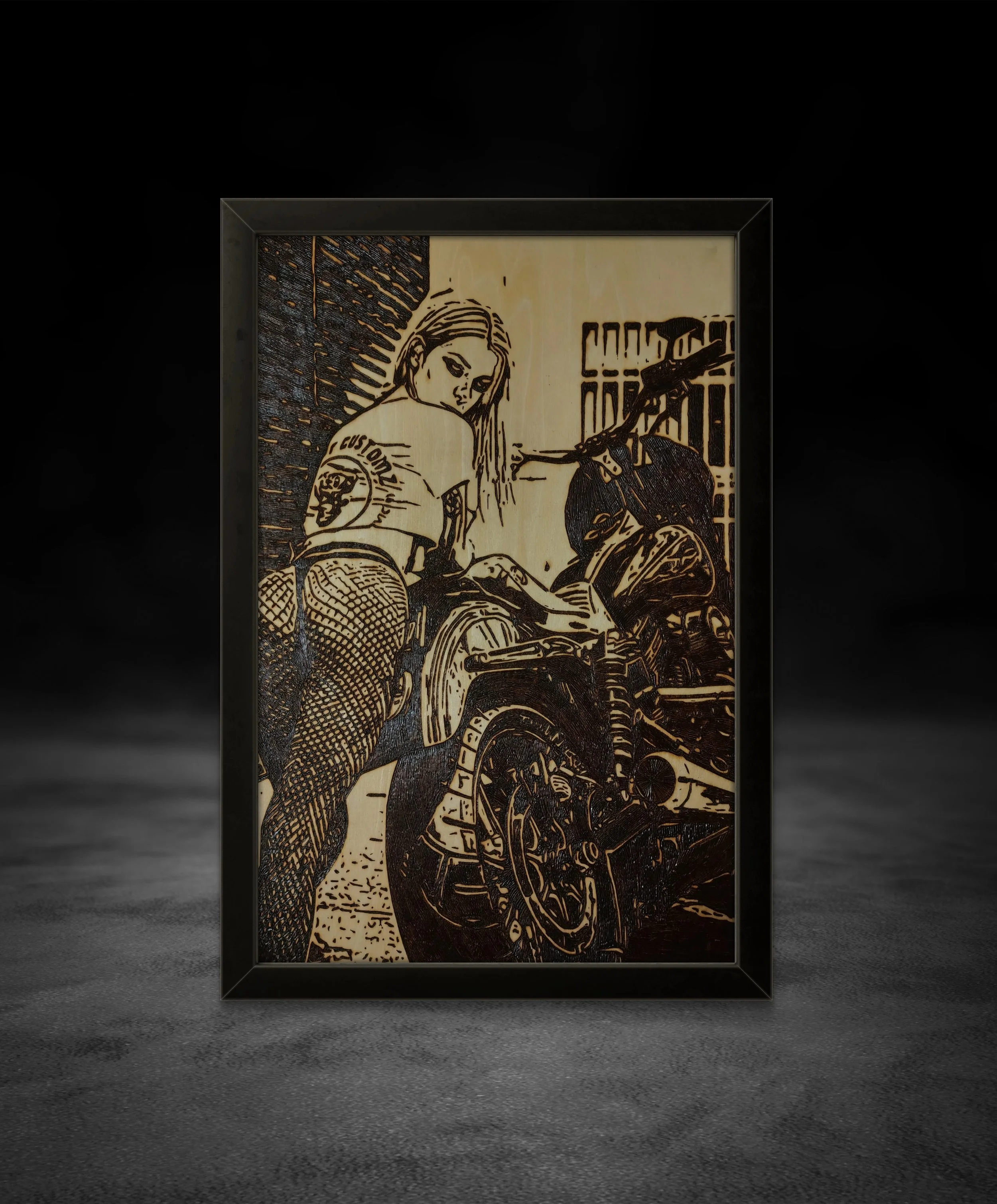 Close-up view of the hand-burned wood artwork “Problems & Solutions,” showing intricate burn lines, depth variation, and natural basswood grain.