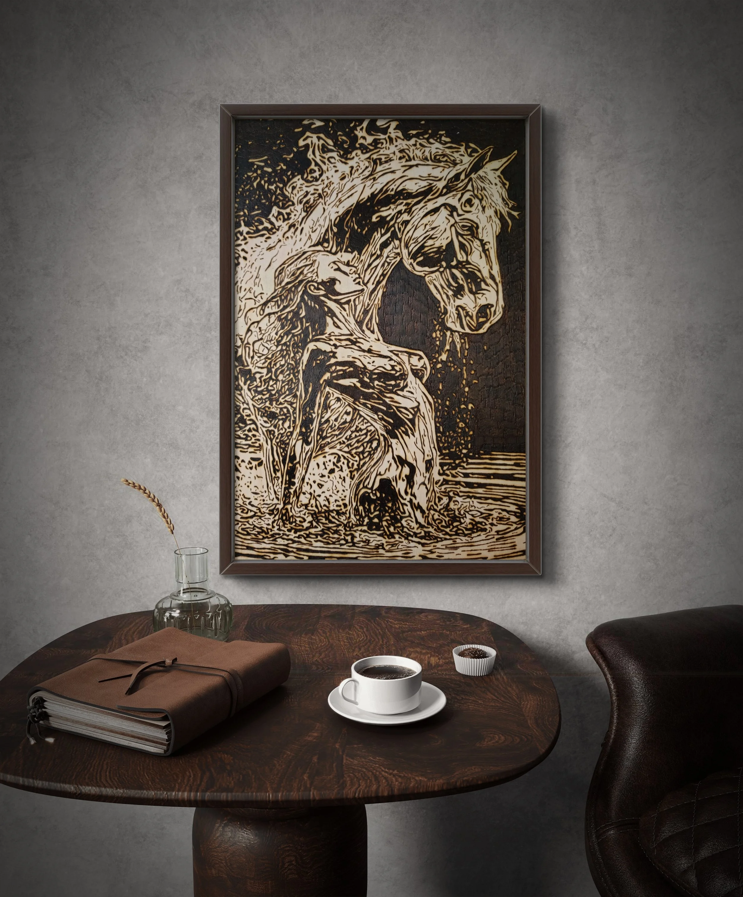 Original horse wood burning and pyrography artwork burned into solid basswood, depicting a powerful rearing horse with dynamic motion and hand-burned detail