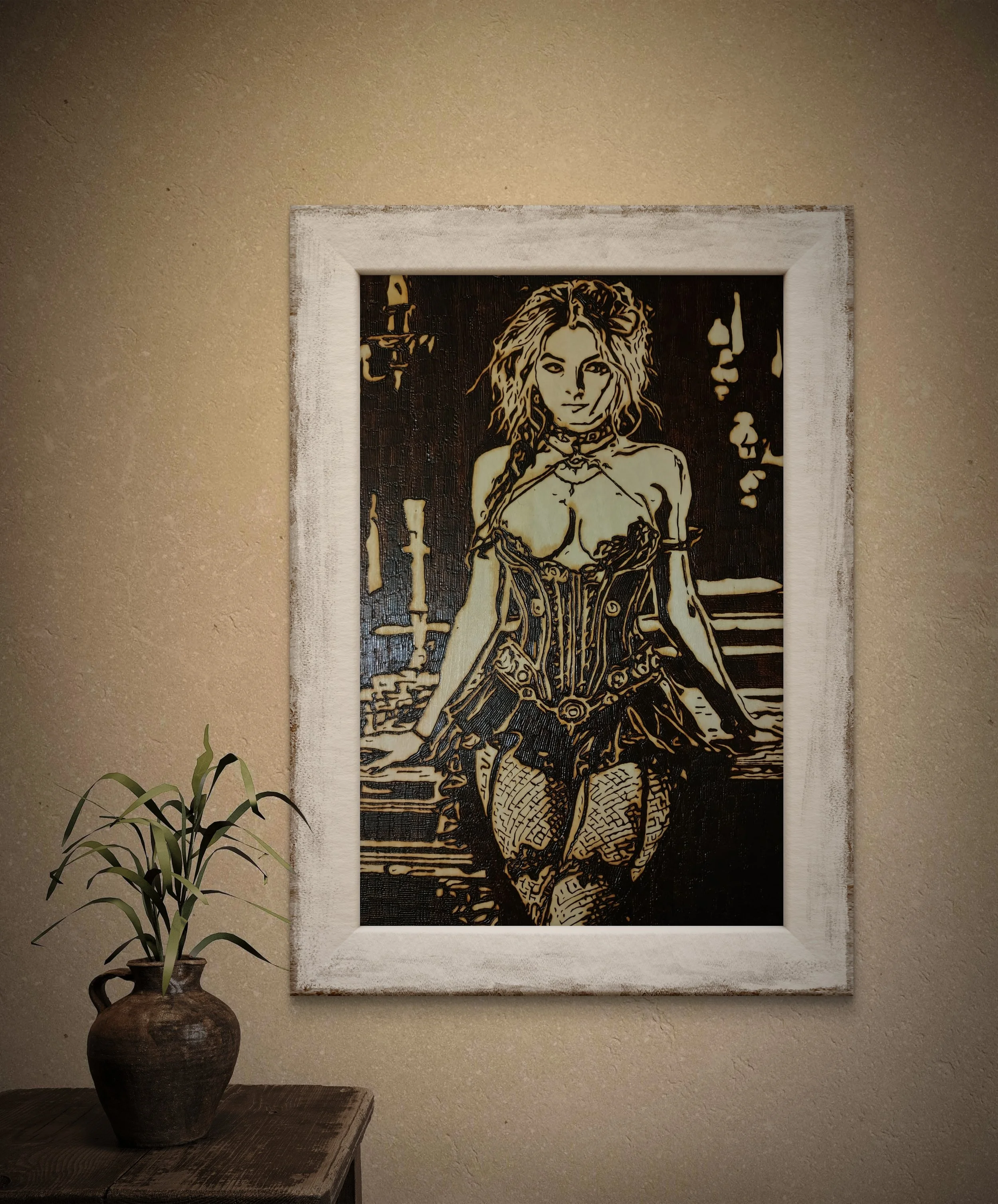 Close-up view of original wood-burned wall art illustrating lust and emotional tension, created entirely by hand