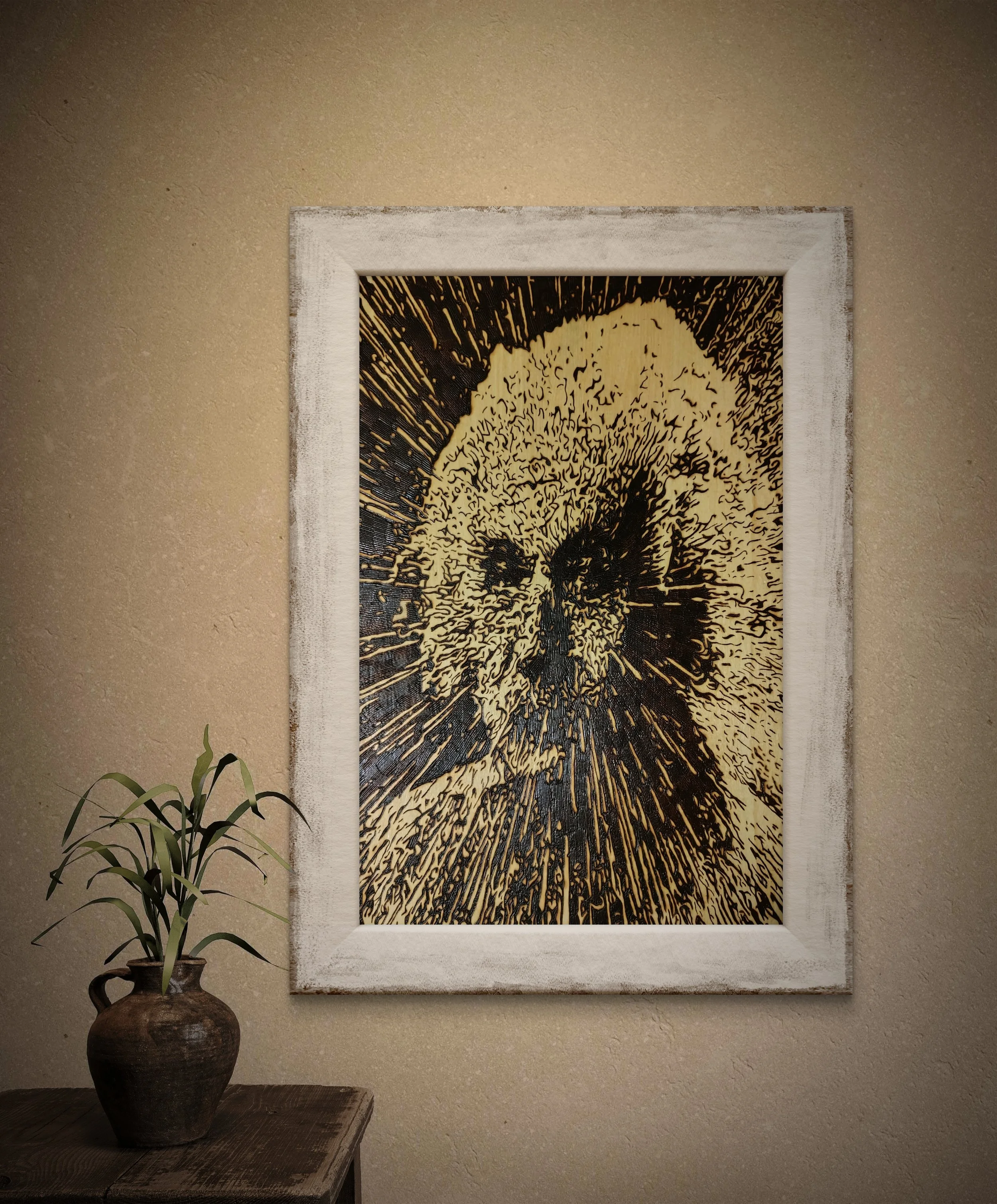 Framed hand-burned wood art Einstein design displayed in modern interior setting