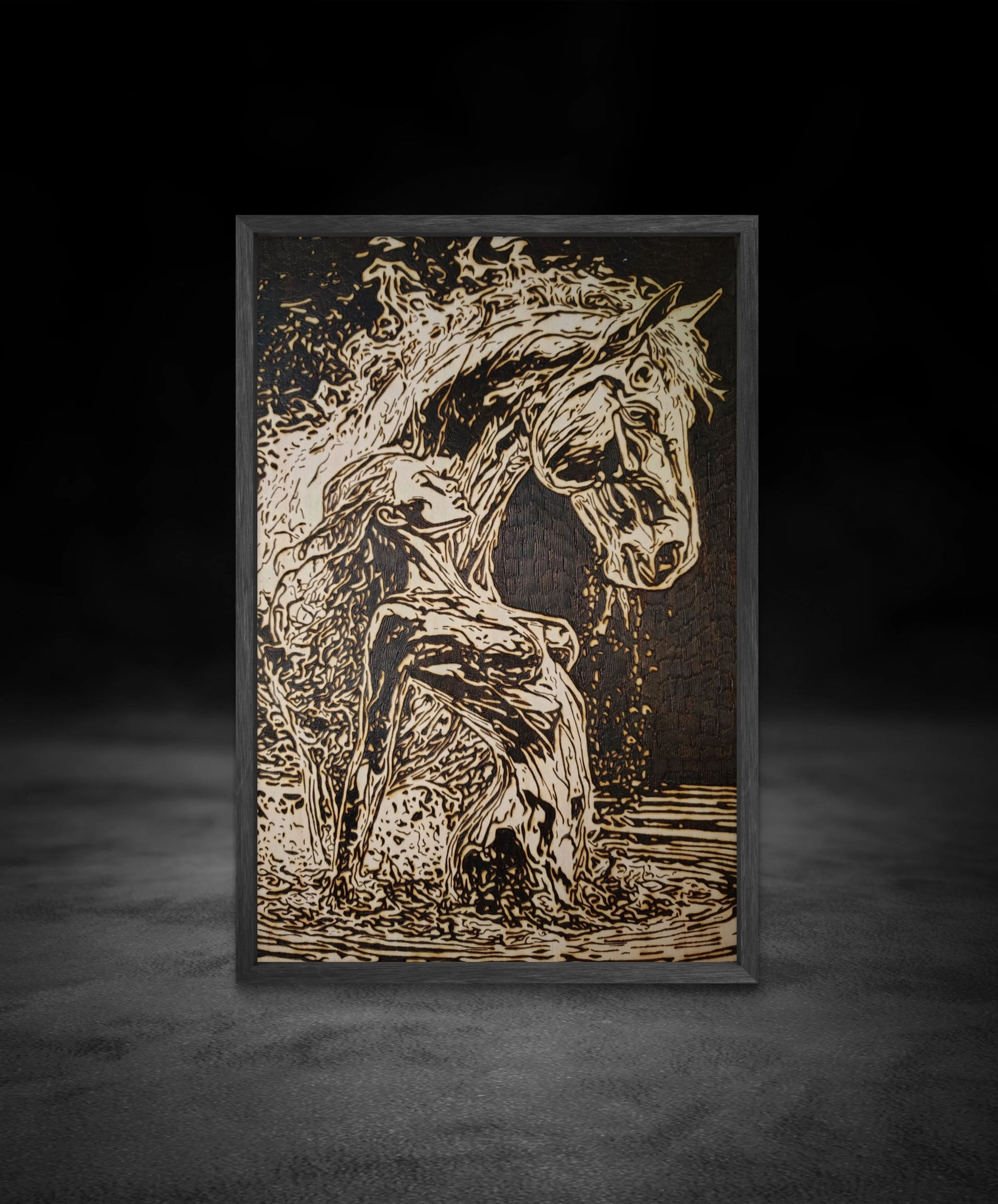 Hand-burned equine wood burning and pyrography artwork displayed in a dark setting, showcasing an original basswood horse artwork with high-contrast line work