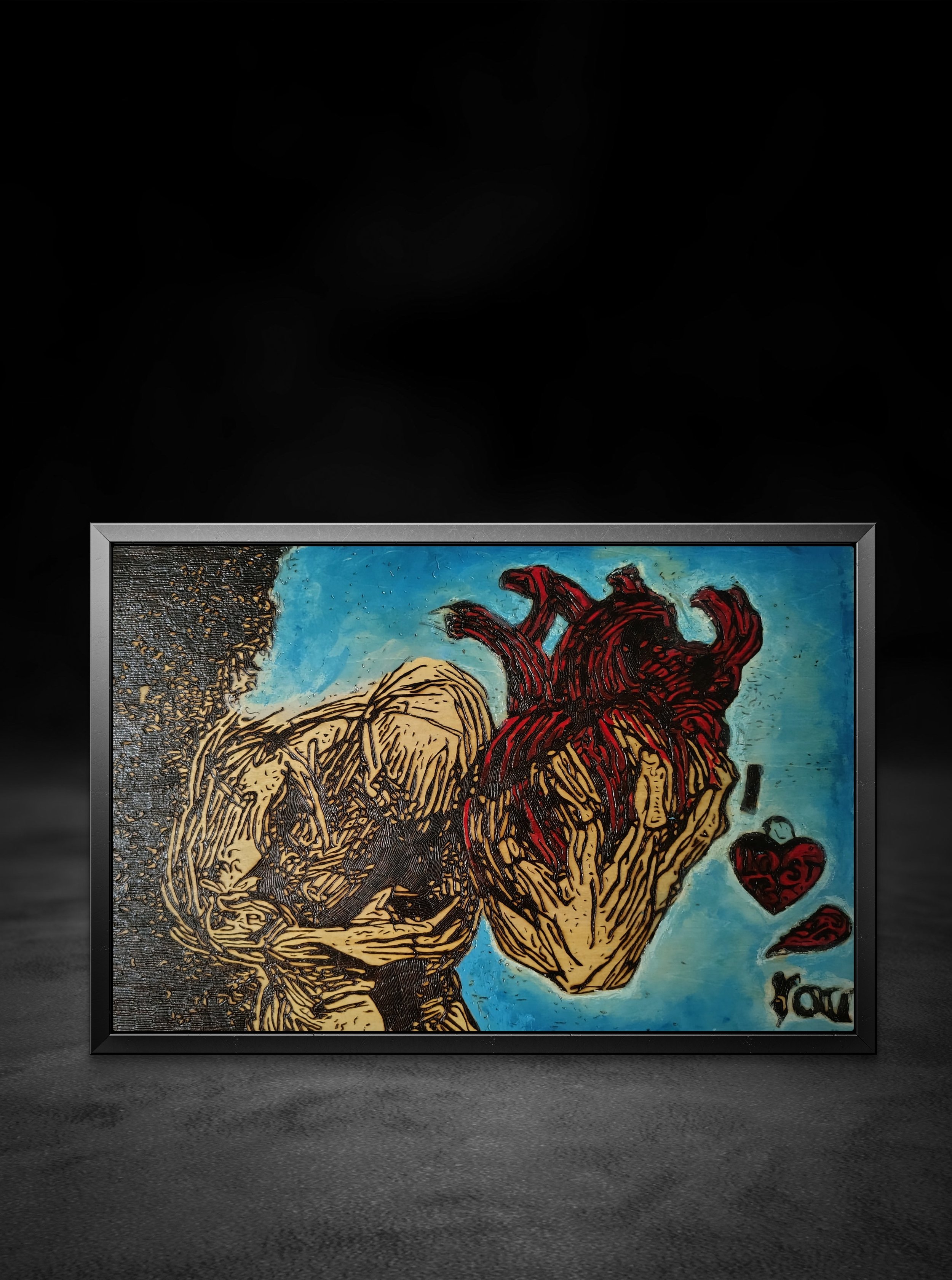 Hand-burned wood burning and pyrography wall art displayed against a dark background, showcasing an original basswood artwork with emotional figurative detail