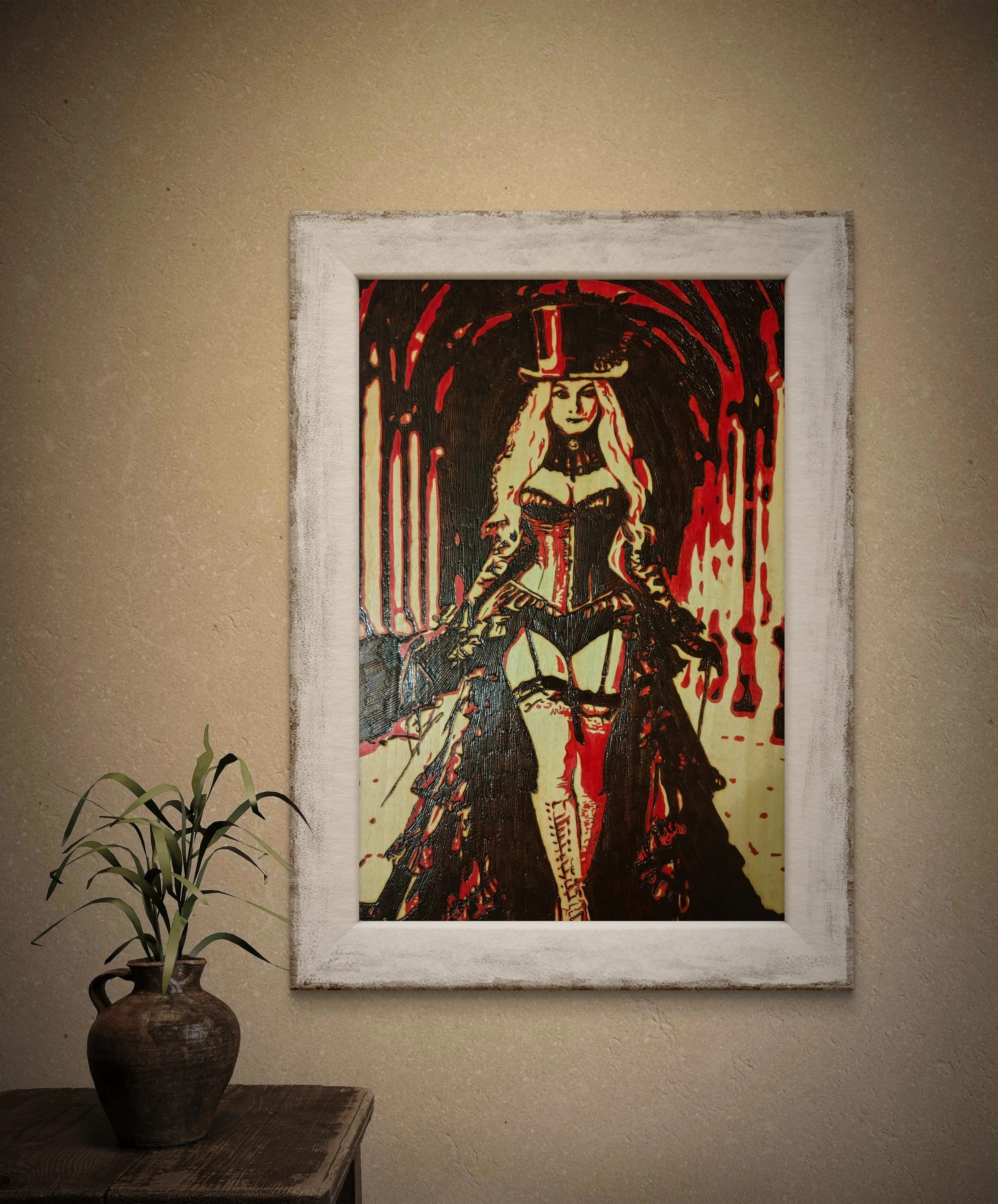 Hand-burned wood artwork depicting a steampunk-inspired female figure, burned into basswood with bold contrast and intricate line work