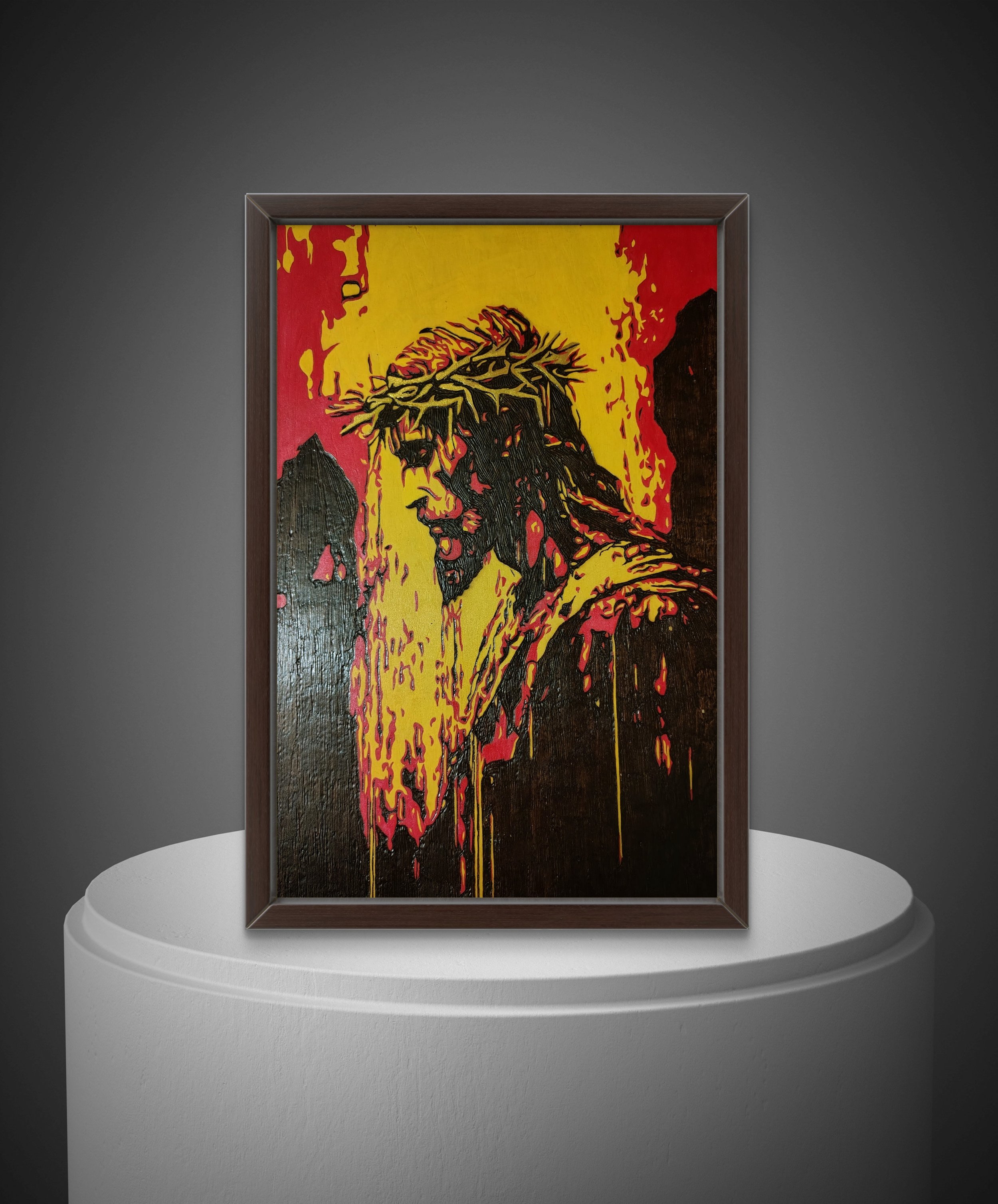 Hand-burned wood art depicting a crowned figure in profile, burned into basswood with dramatic contrast and bold line work