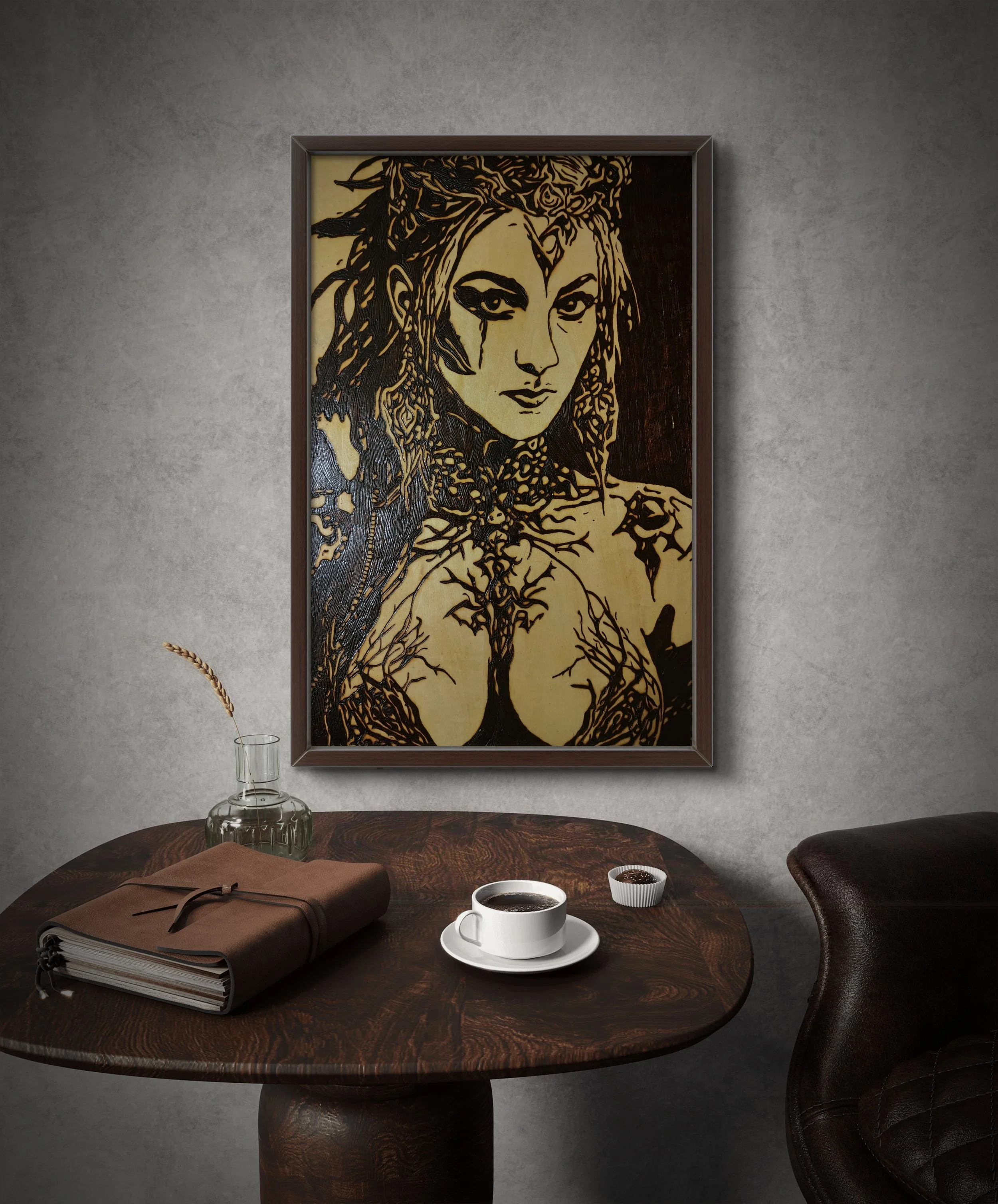 Hand-burned wood burning and pyrography wall art displayed in a modern interior setting, showcasing an original basswood portrait artwork in a framed presentation