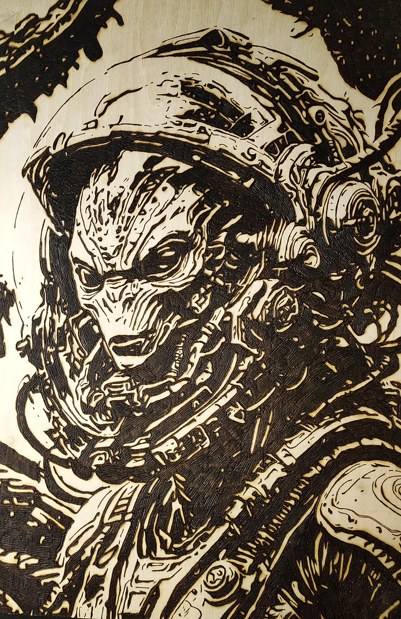 Sci-fi inspired wood burning artwork of an alien-like figure in an astronaut helmet, hand-burned into wood with intricate pyrography detailing.