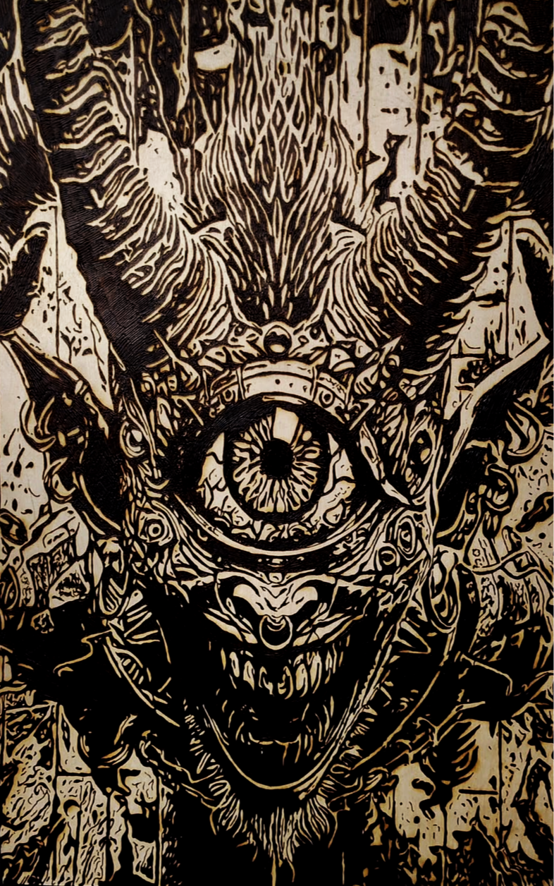 A detailed wood burning of a monstrous creature with a central eye, large horns, sharp teeth, and intricate mechanical and organic features.
