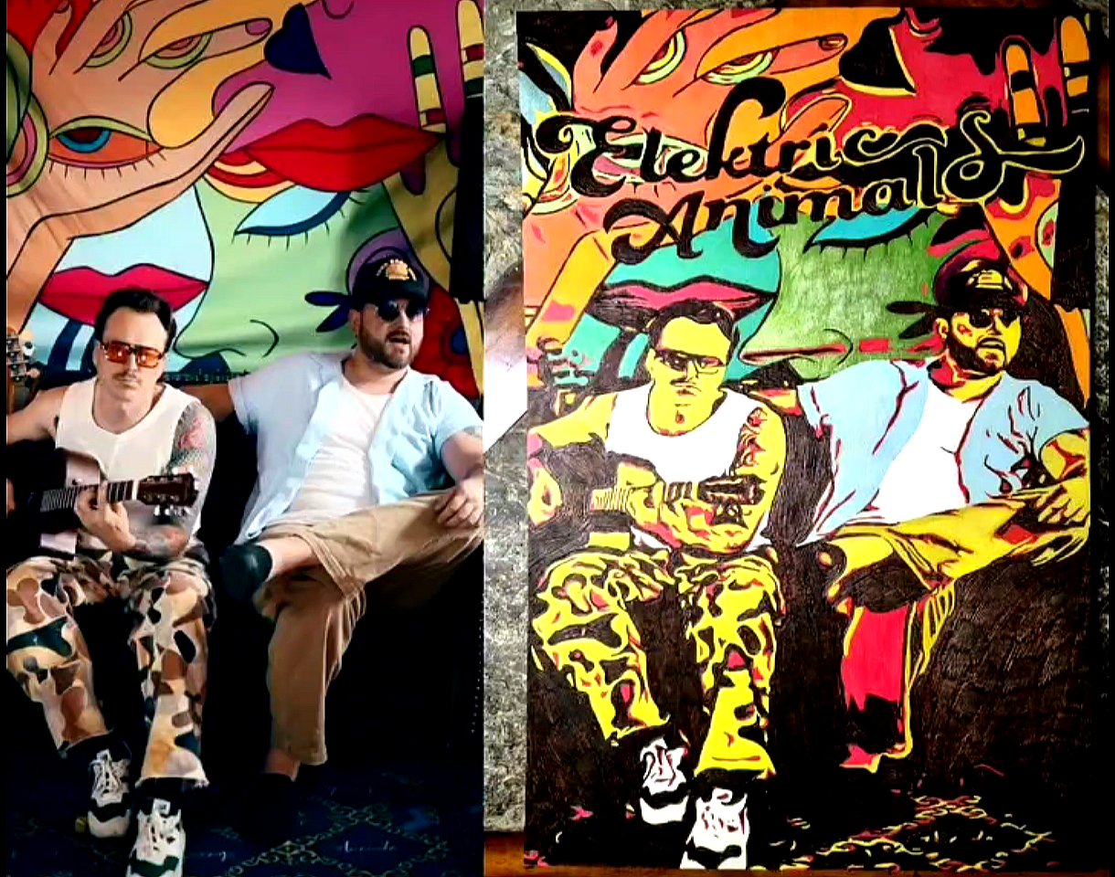 Side-by-side comparison of original band photo and completed custom wood-burning artwork of a band featuring bold handcrafted pyrography with stylized color contrast