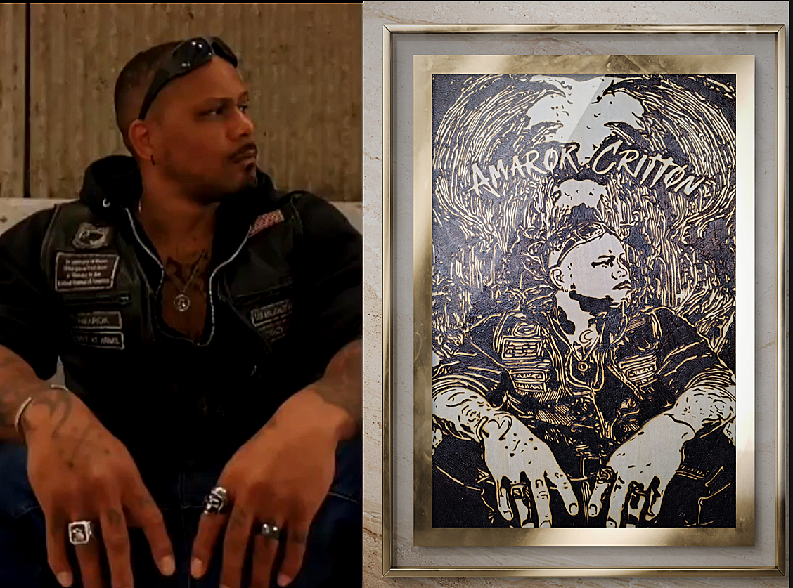 Side-by-side display of original reference imagery and finished wood-burned artwork depicting veteran Amarok Critton, handcrafted pyrography exploring suffering, redemption, and faith