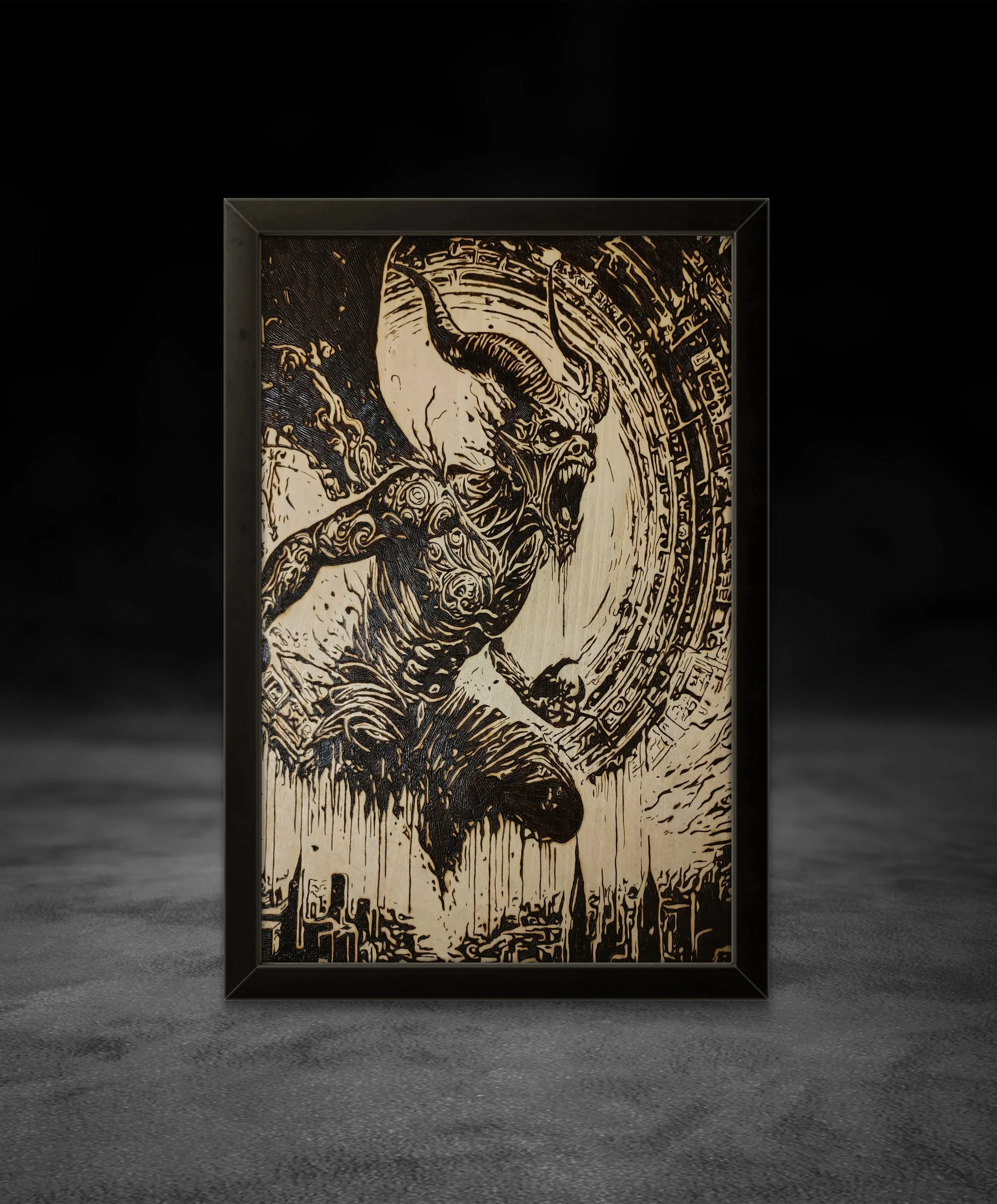 Hand-burned wood art depicting a screaming demonic figure, pyrography artwork burned into basswood and framed in black