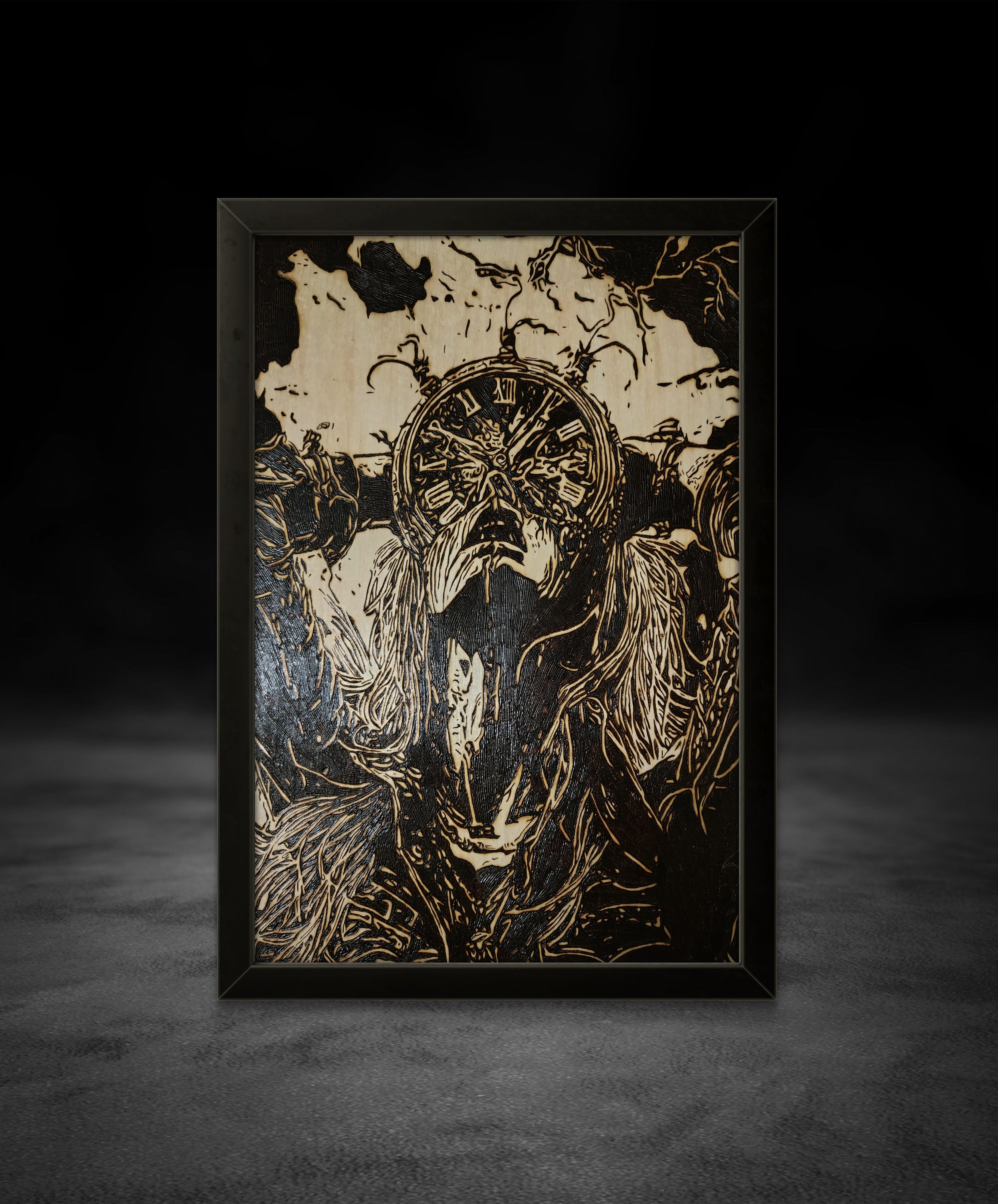 Close-up presentation of Pain Of Lost Time, a hand-burned basswood artwork with heavy line texture, dark surreal imagery, and time-based symbolism.