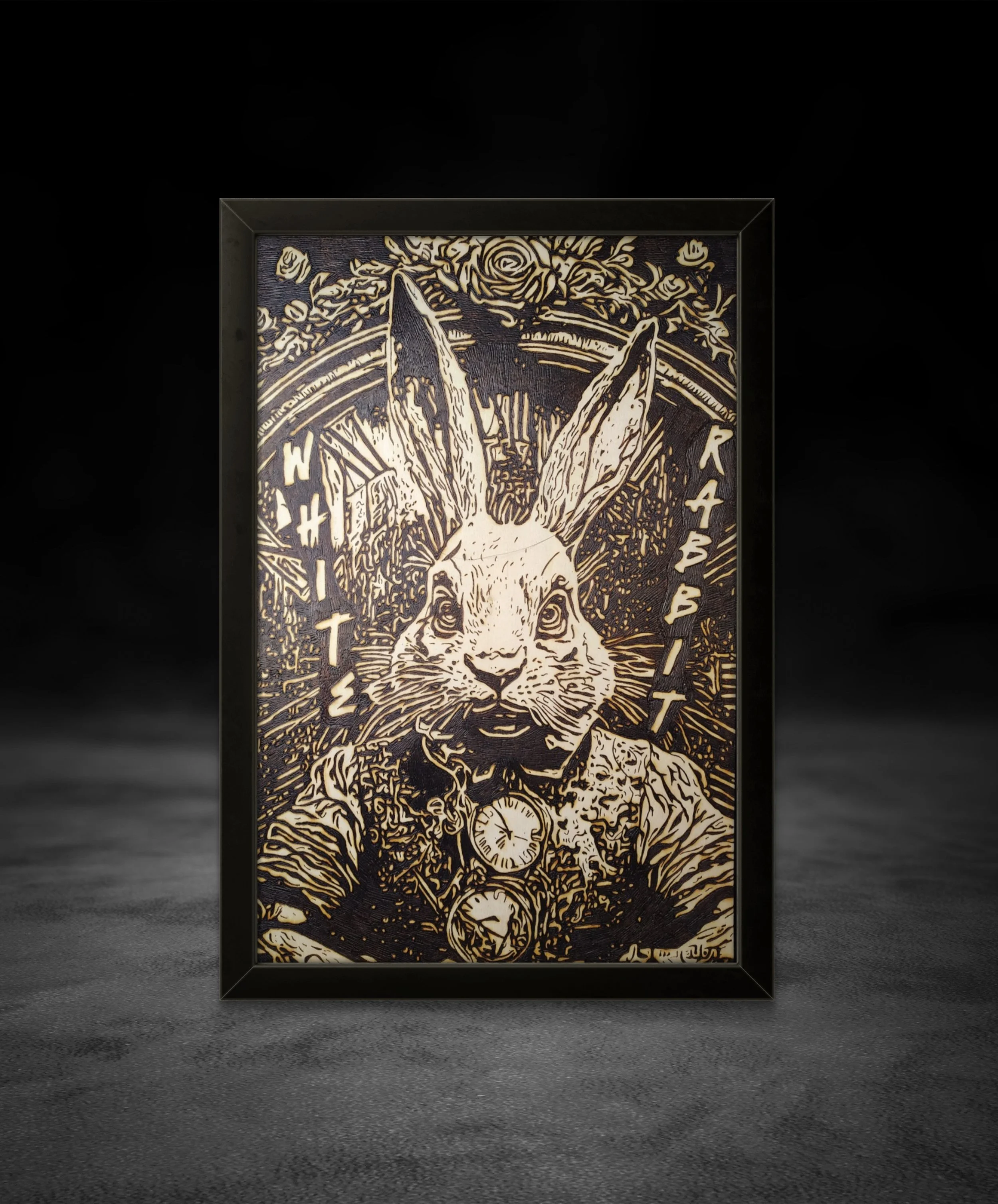 Close-up view of White Rabbit wood-burning art highlighting fine line detail, burn depth, and natural basswood grain