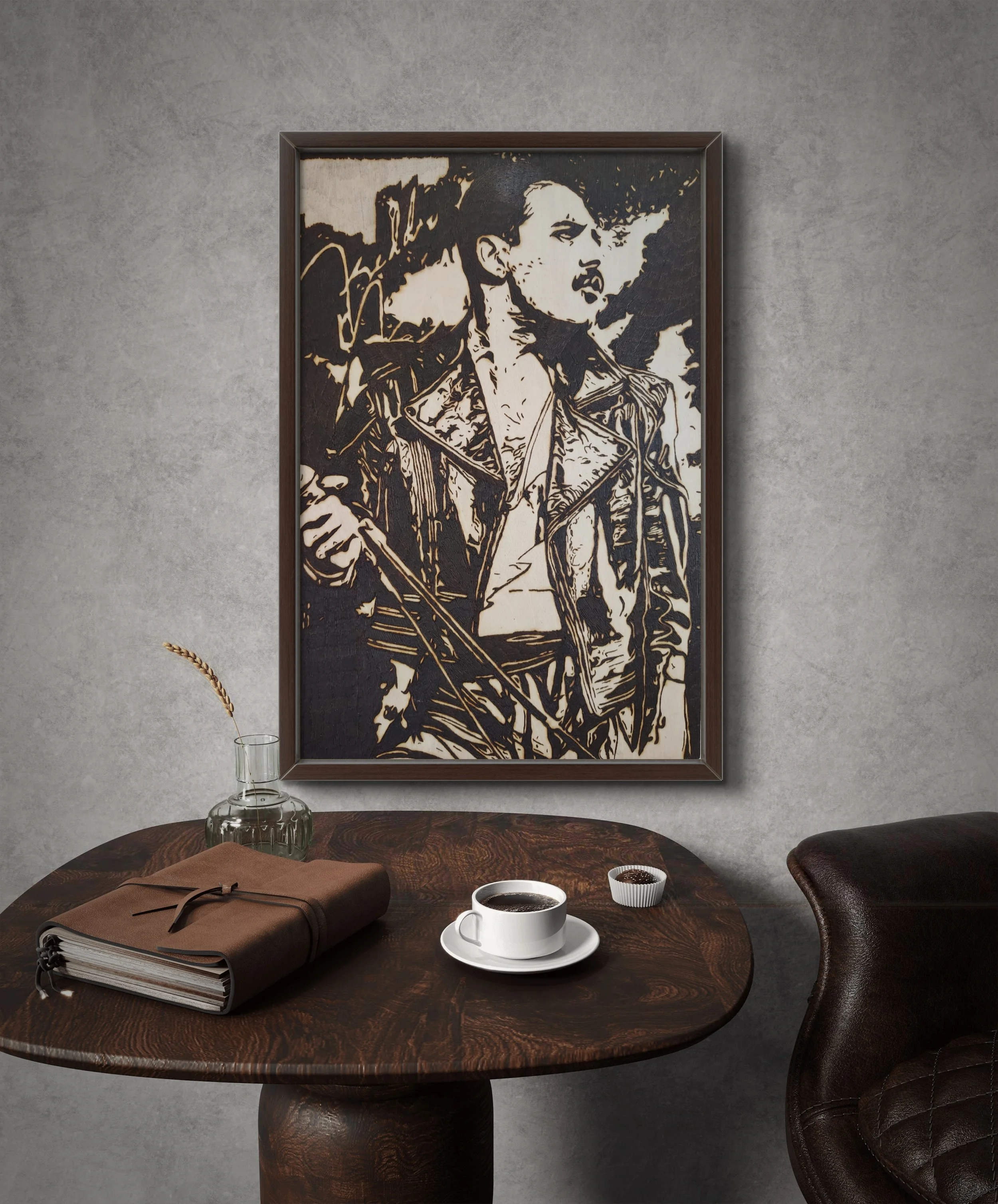 Hand-burned Freddie Mercury wood burning and pyrography artwork displayed in a modern interior setting, showcasing original portrait pyrography burned into solid basswood