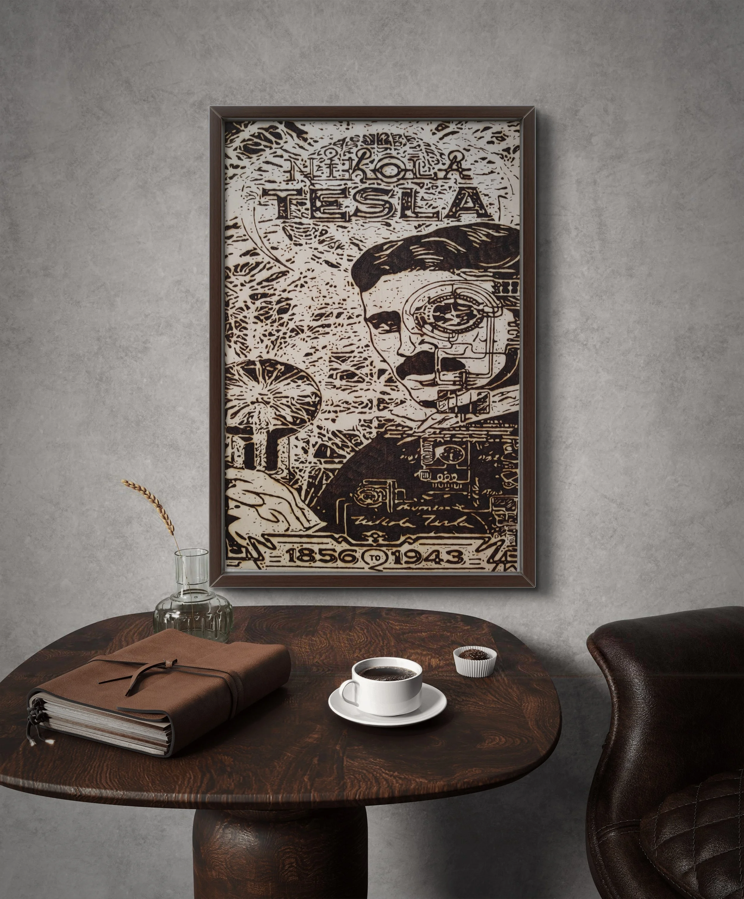 Hand-burned Nikola Tesla pyrography wall art displayed in a modern interior setting, showcasing original wood burning artwork framed and mounted in a styled environment