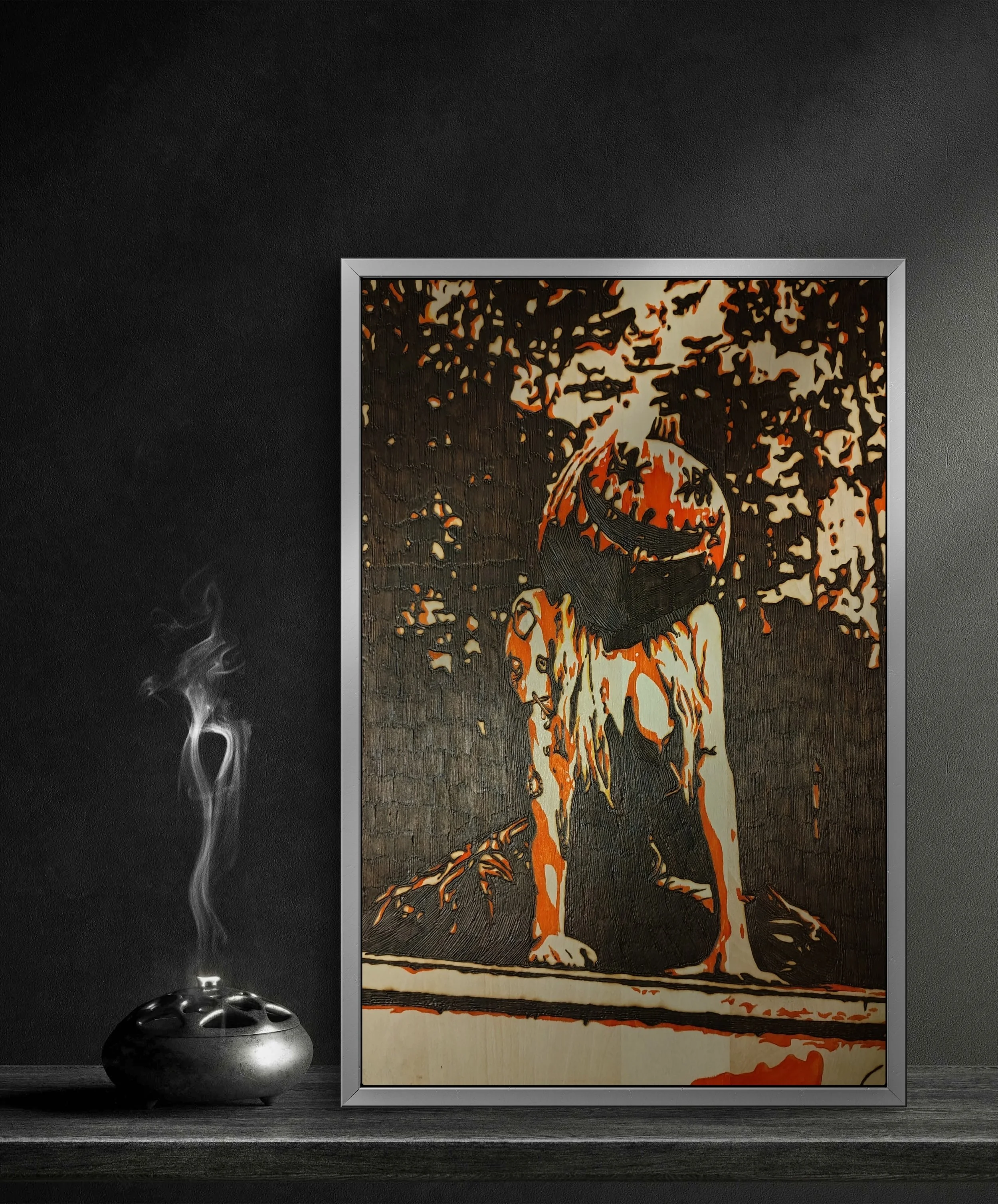 handcrafted wood burning art displayed in modern interior, original pyrography artwork with deep contrast and texture