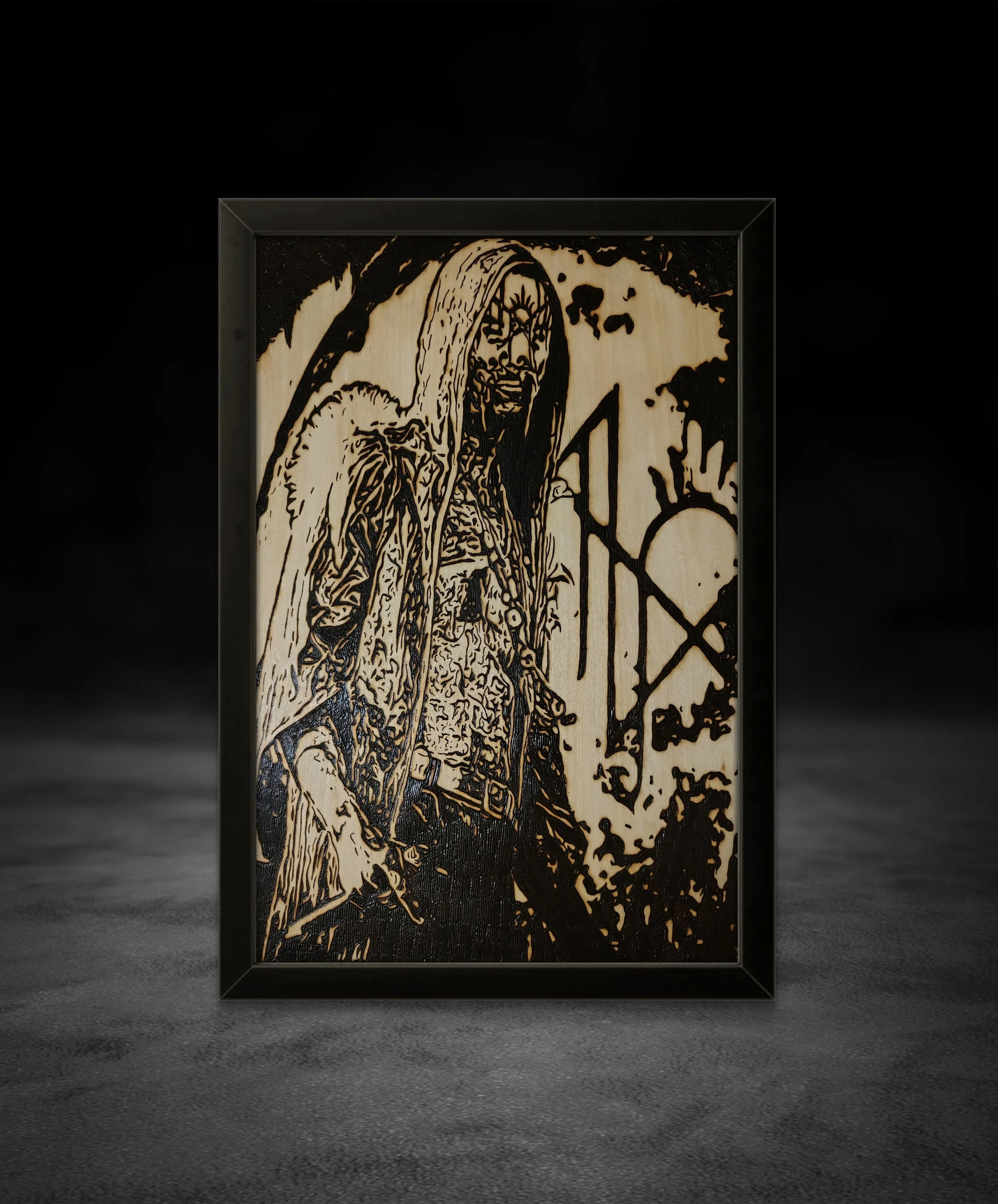 Original Sleep Token–inspired wood burning artwork burned into basswood, featuring a masked ritual figure created with hand wood burning and traditional pyrography techniques