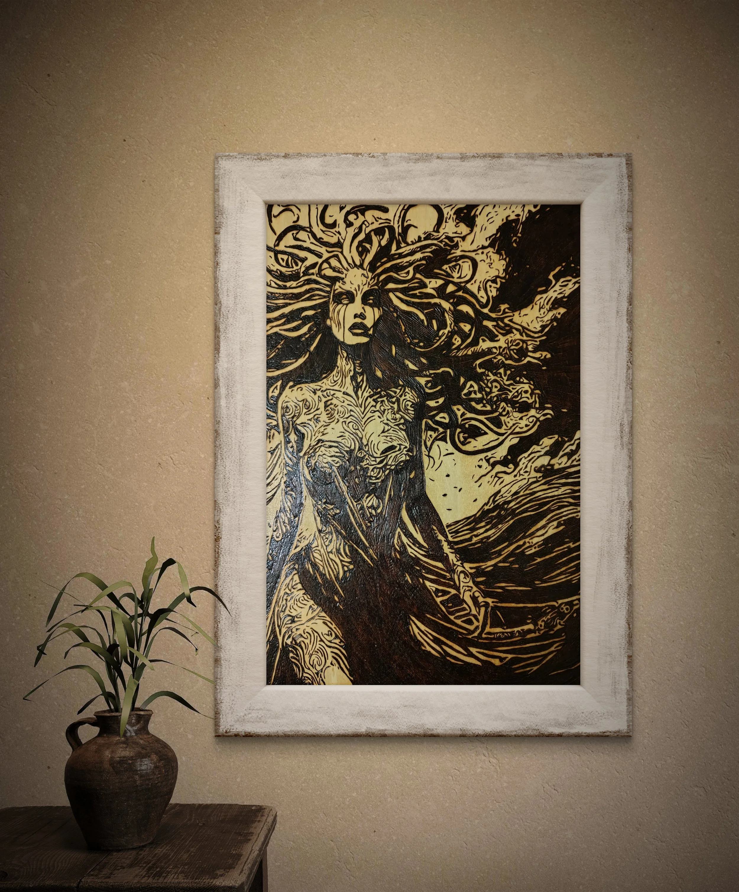 Medusa wood-burned artwork framed in rustic interior setting