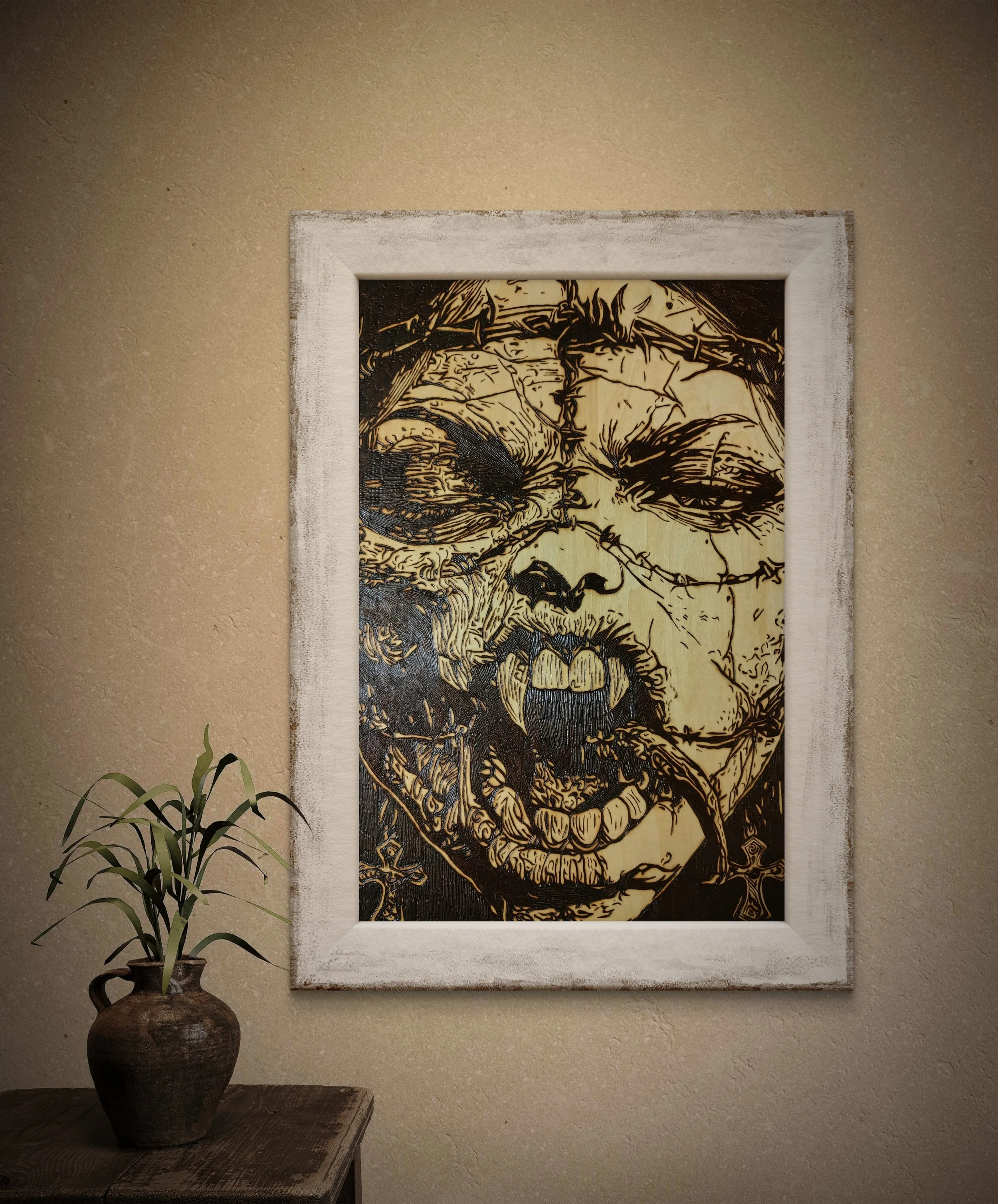 Close-up framed wood burning art depicting a split face with exposed emotion, hand-burned basswood wall art in interior setting.