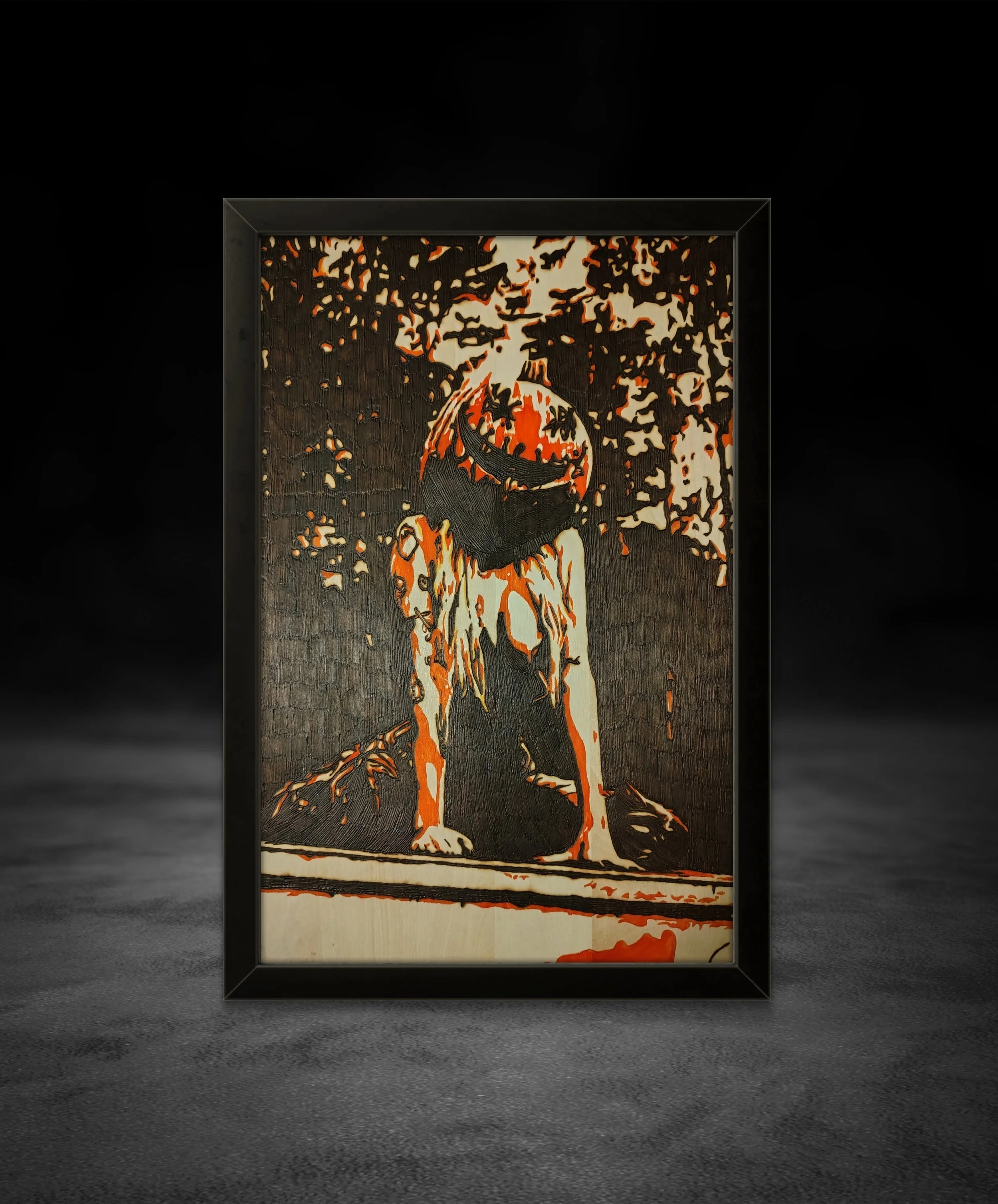 original wood-burned artwork depicting a solitary human figure, handcrafted pyrography burned into solid basswood