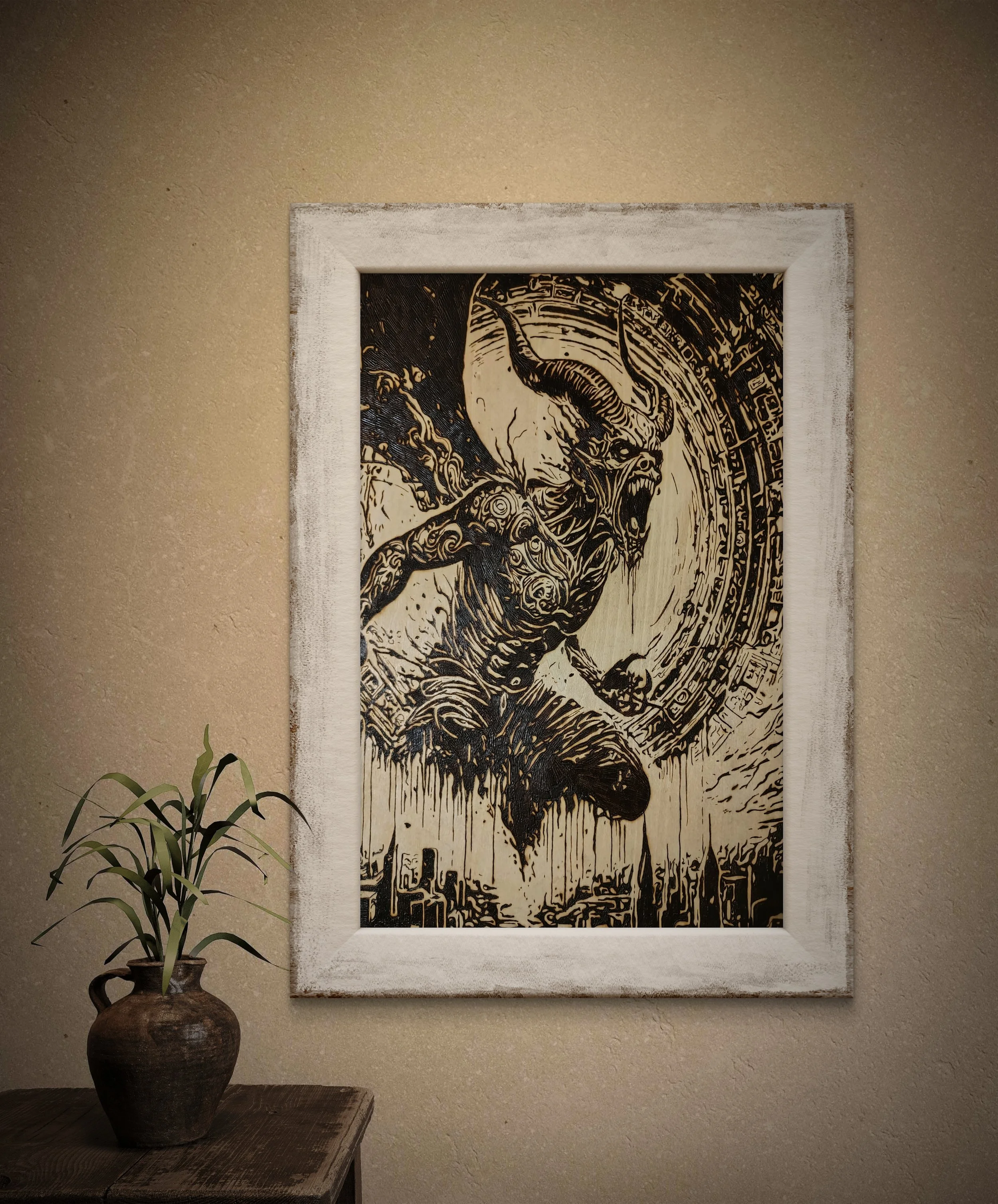 Close-up view of hand-burned demon artwork showing detailed pyrography lines and scorched wood texture