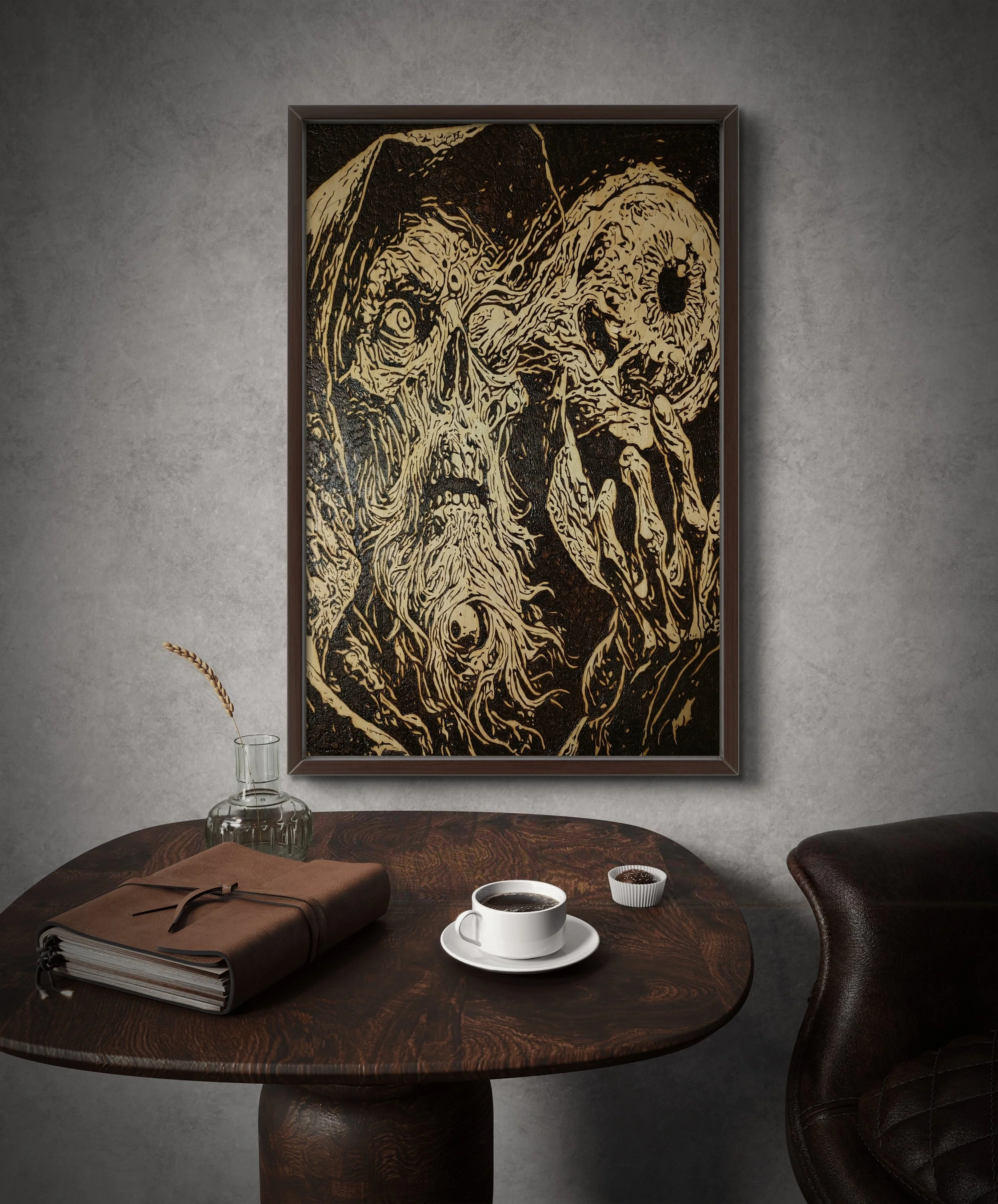 Original skull wood burning and pyrography artwork displayed in a modern interior setting, featuring a decaying skull holding a moon, burned by hand into solid basswood