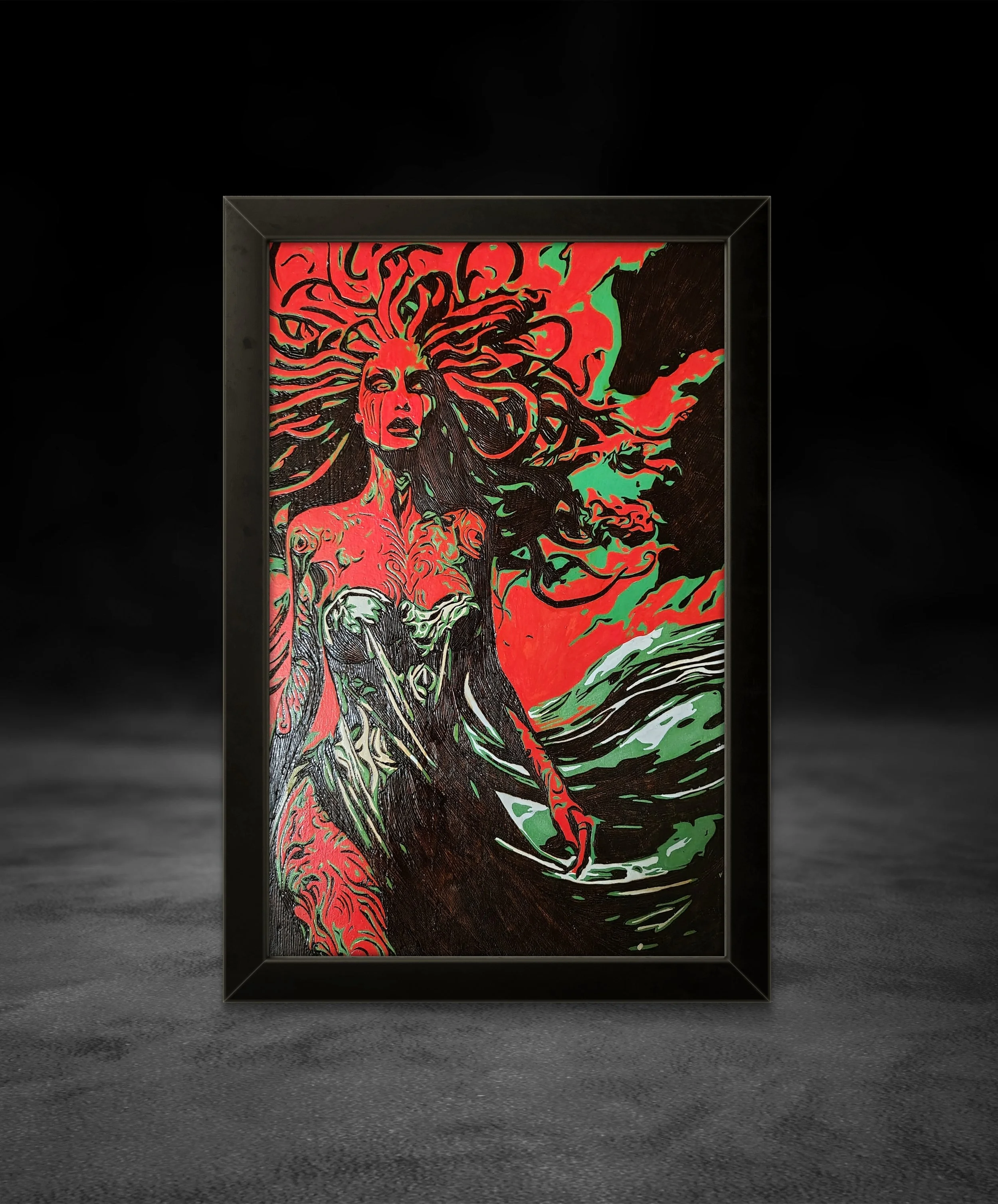Original painted pyrography artwork on wood featuring Medusa, fine detail hand-burned and painted basswood art