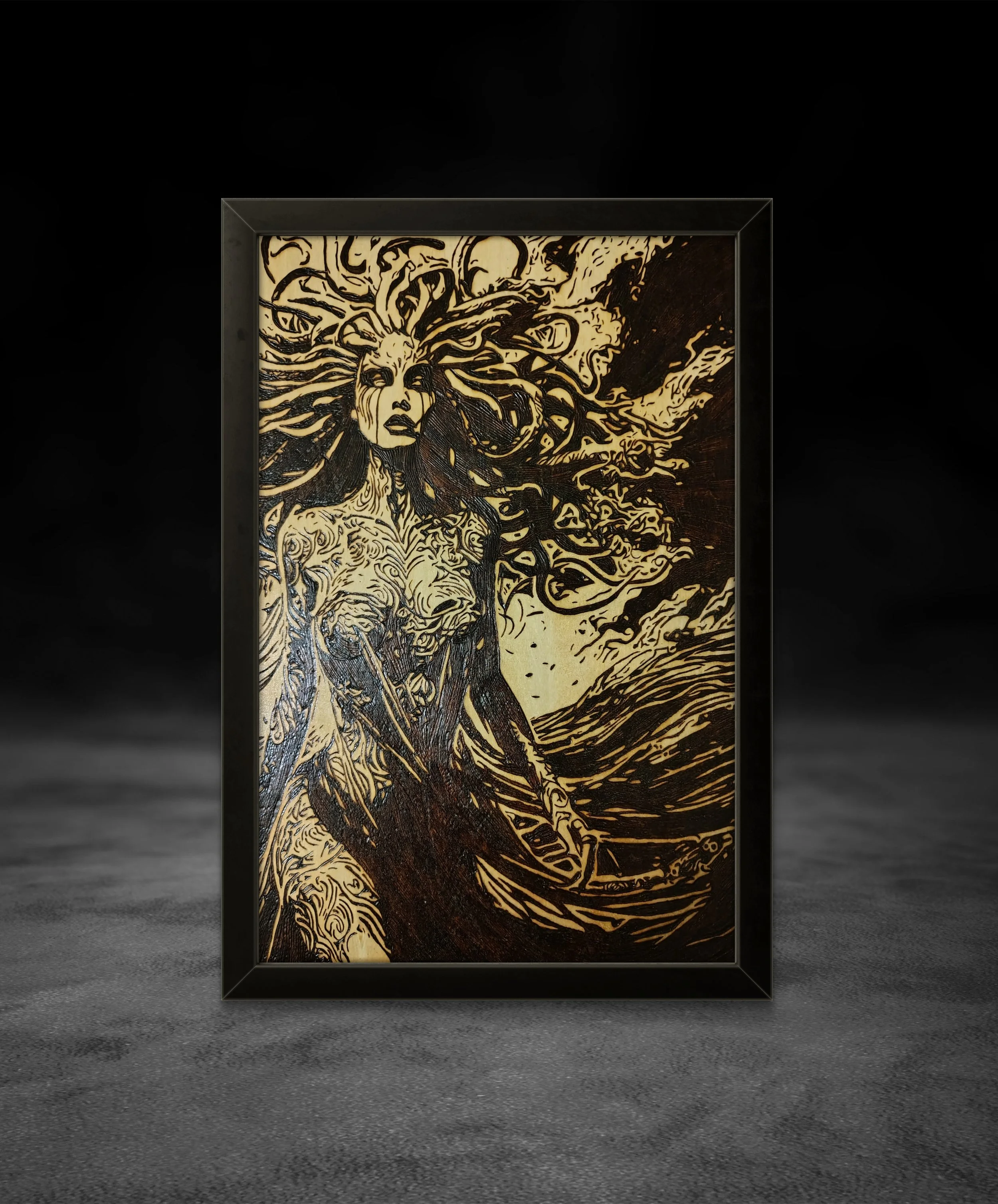 Unpainted Medusa wood-burning wall art close-up detail