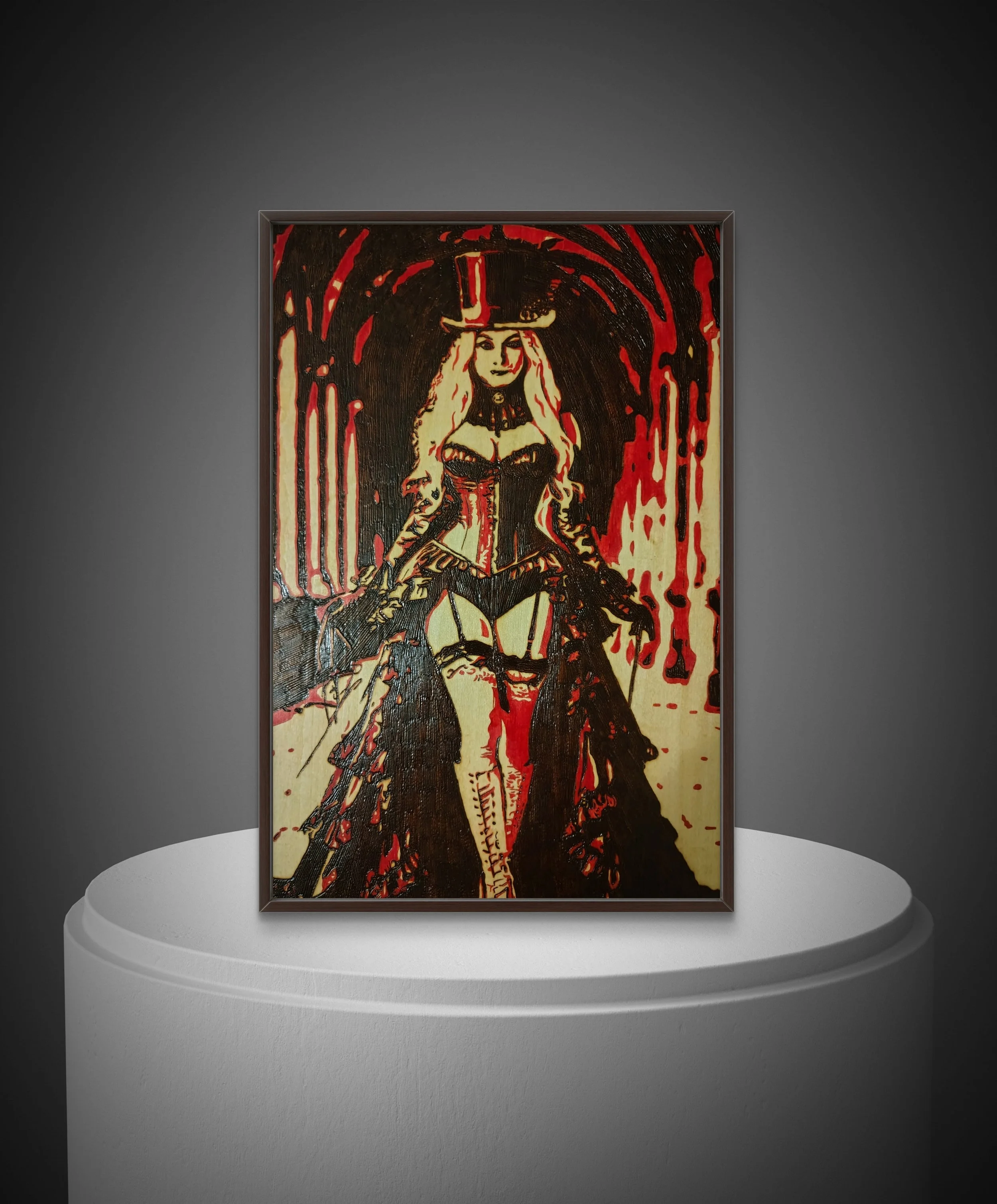 Framed wood burning wall art showing a gothic steampunk woman in corset and hat, handcrafted on natural basswood
