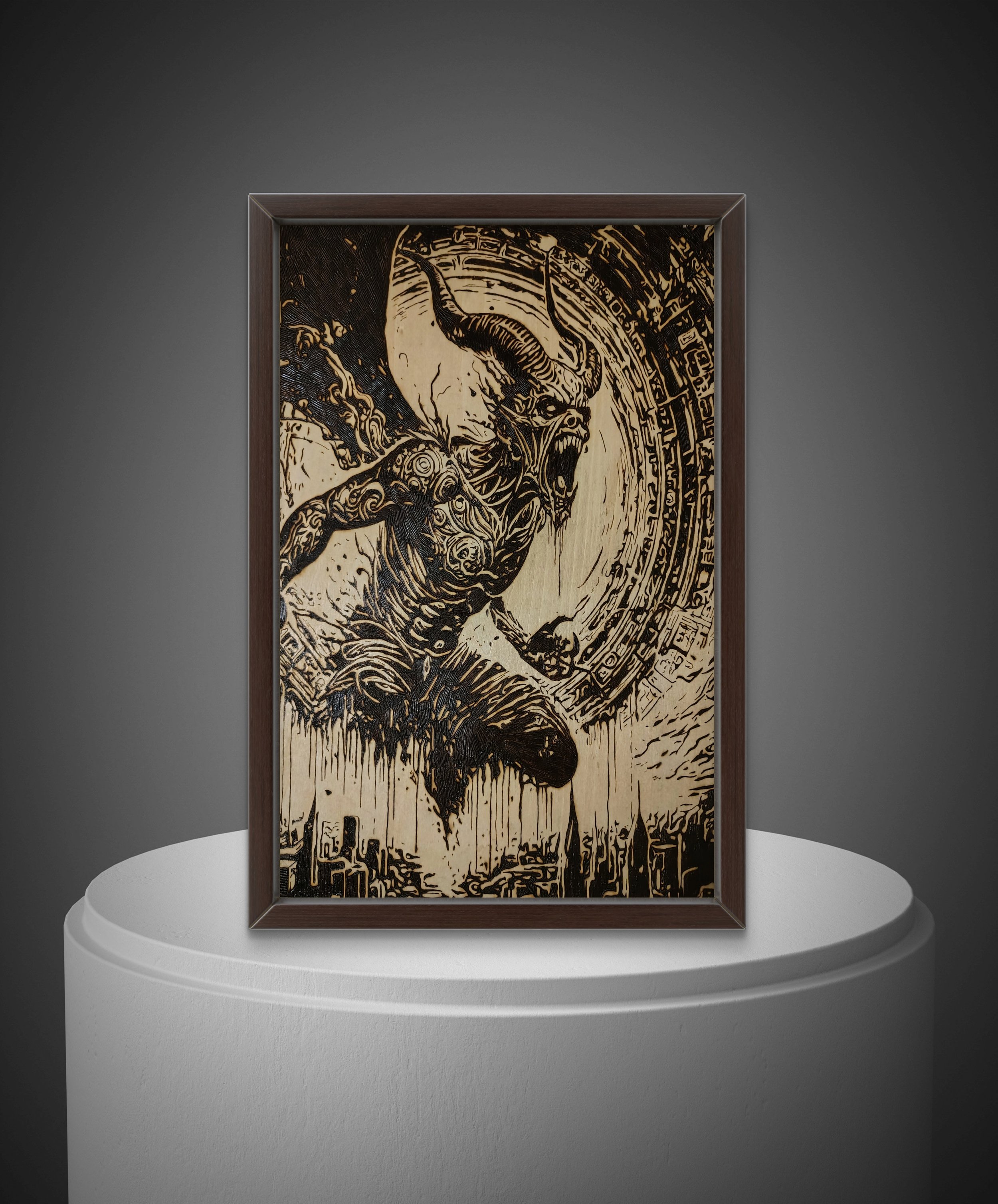 Framed wood burning wall art of a demonic figure surrounded by symbolic patterns, handmade pyrography on basswood