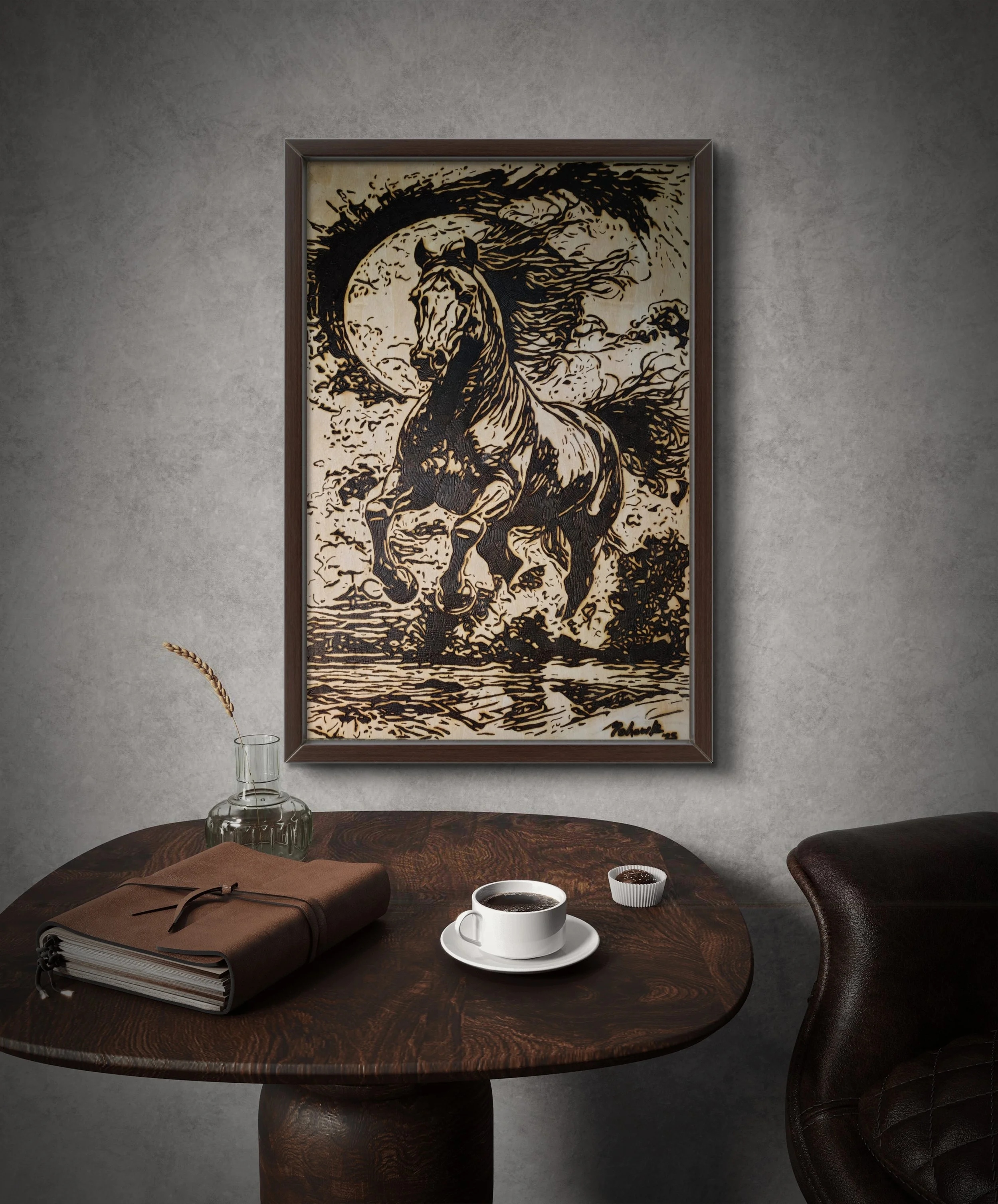 Hand-burned horse wood burning art displayed in a modern interior setting, showcasing original equine pyrography wall art in a framed presentation
