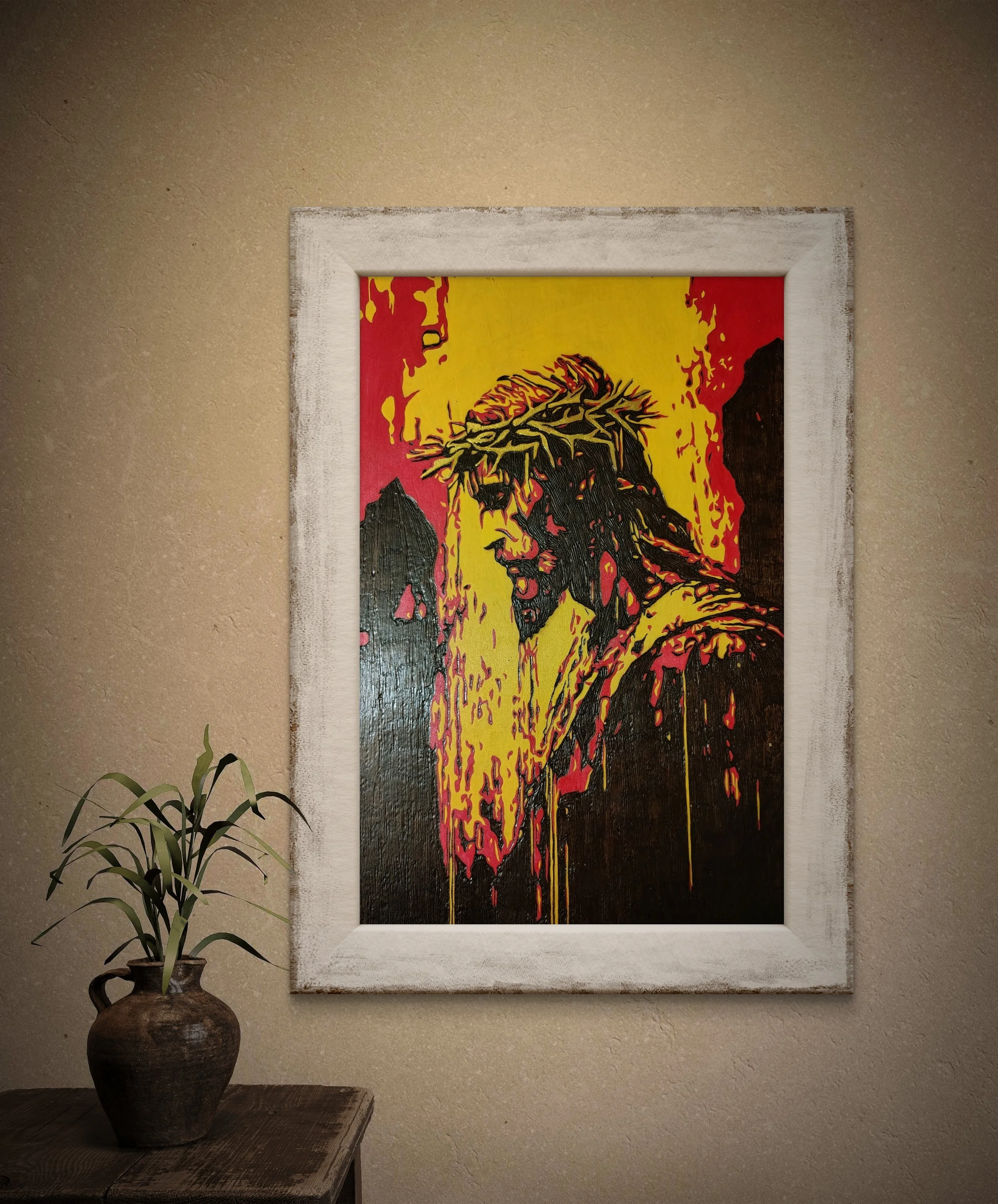 Close-up view of detailed wood-burned wall art illustrating redemption and suffering, created entirely by hand on basswood