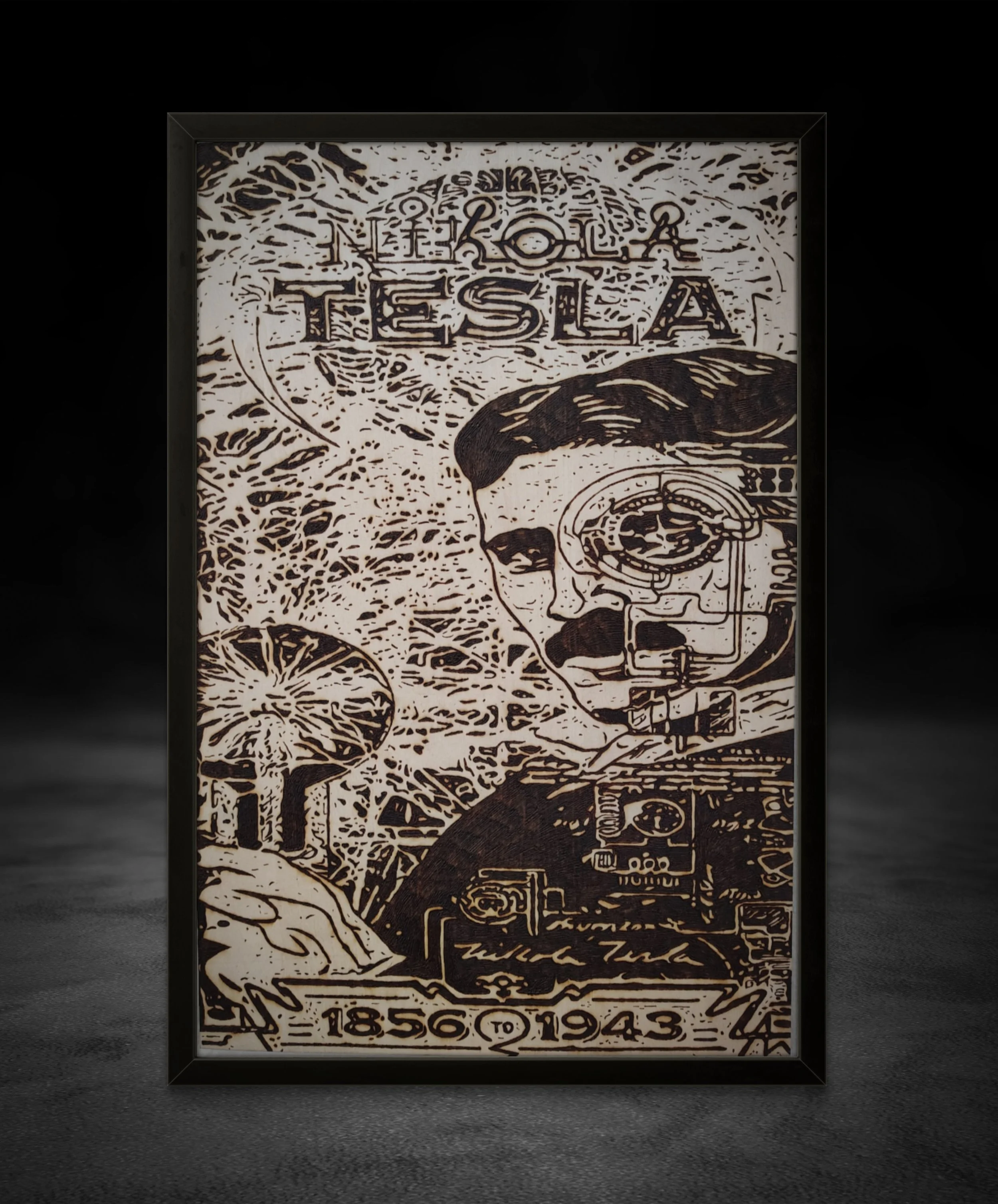 Original Nikola Tesla wood burning artwork burned into basswood, featuring hand-drawn pyrography combining Tesla’s portrait with abstract circuitry and mechanical elements