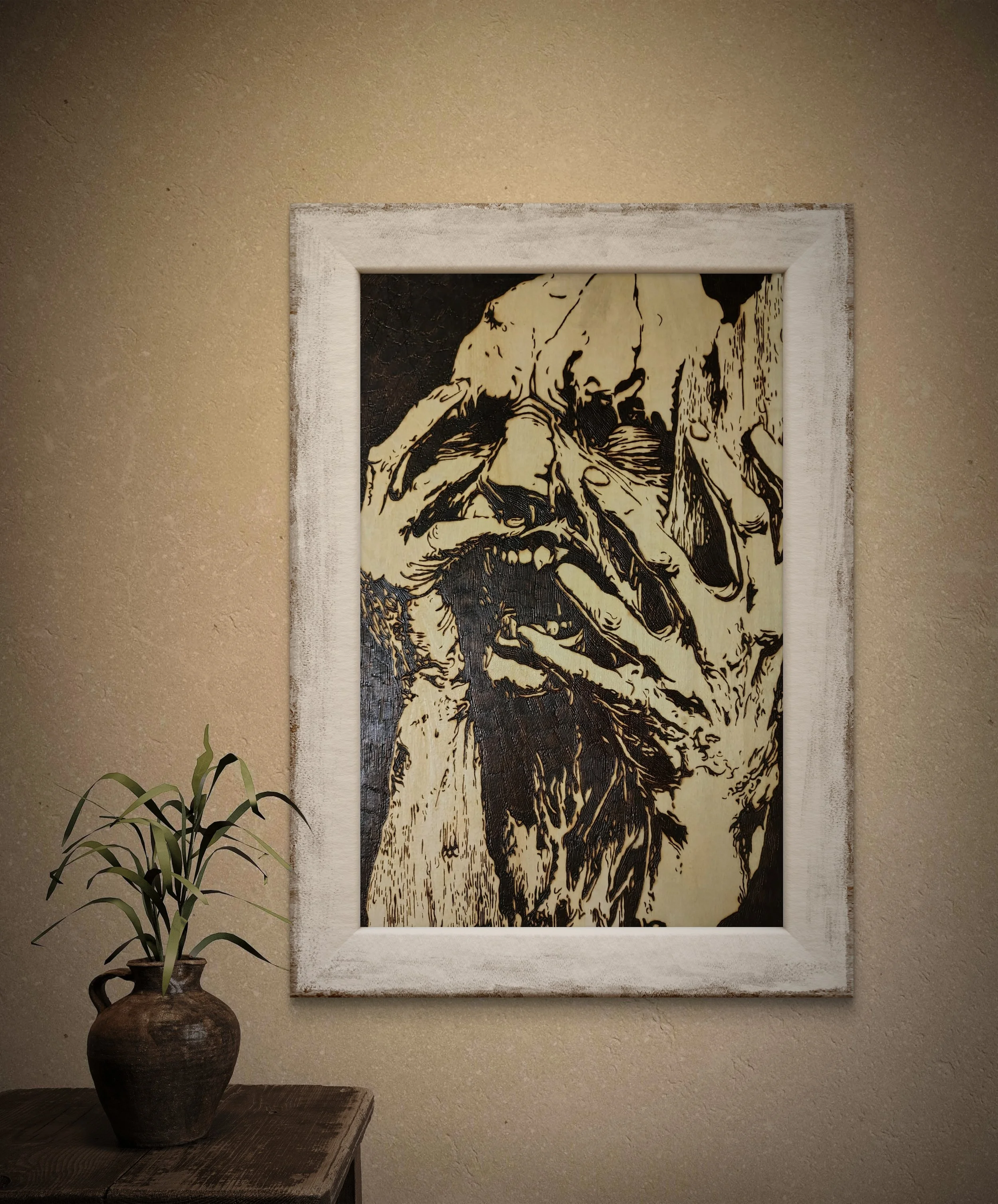 Hand-burned basswood artwork titled Echoes Of The Unsaid displayed in a white frame on a textured wall, depicting an expressive figure with hands covering the face