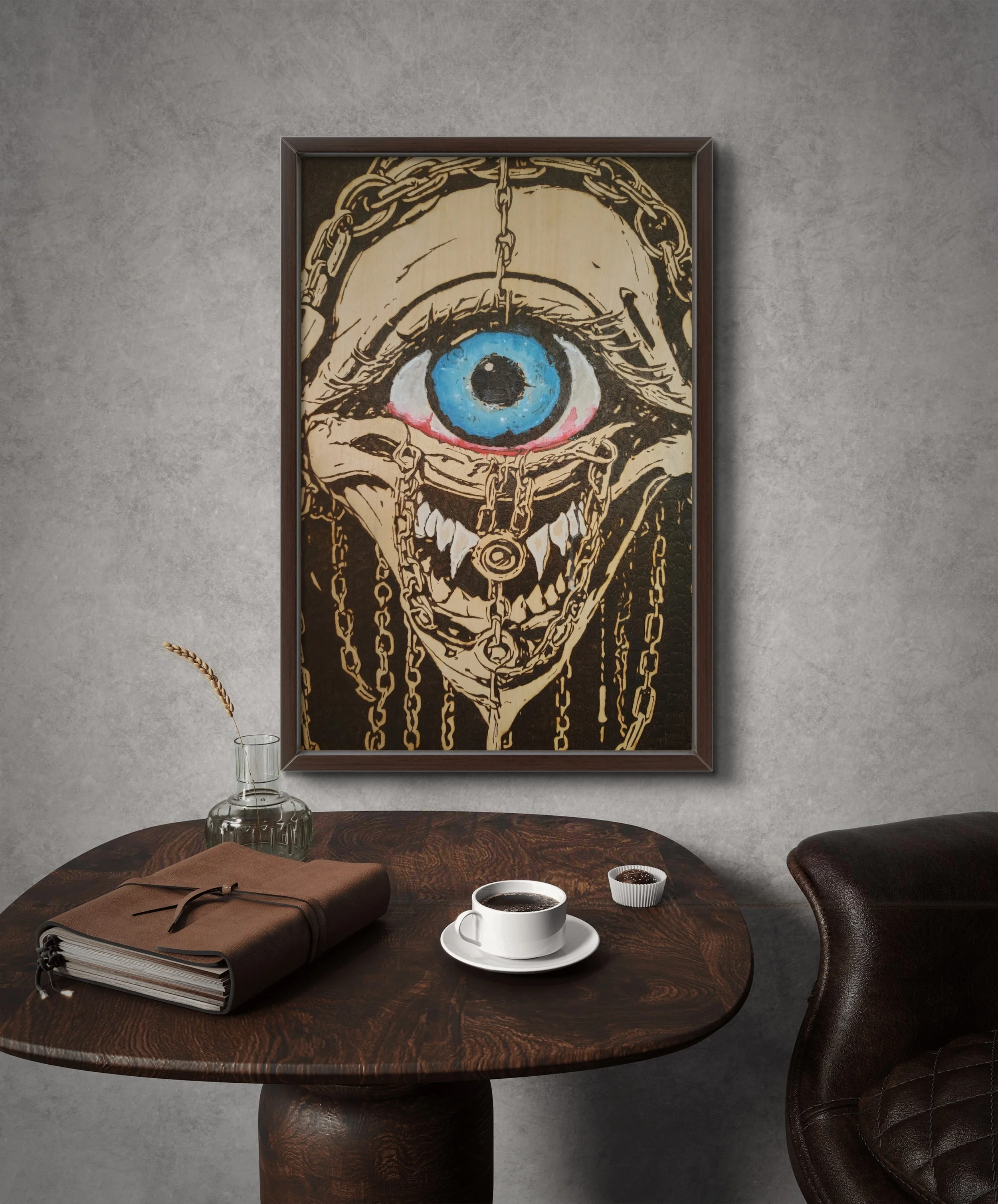 Original wood burning and pyrography artwork featuring a chained eye with painted blue iris, hand-burned into basswood with detailed line work and symbolic imagery