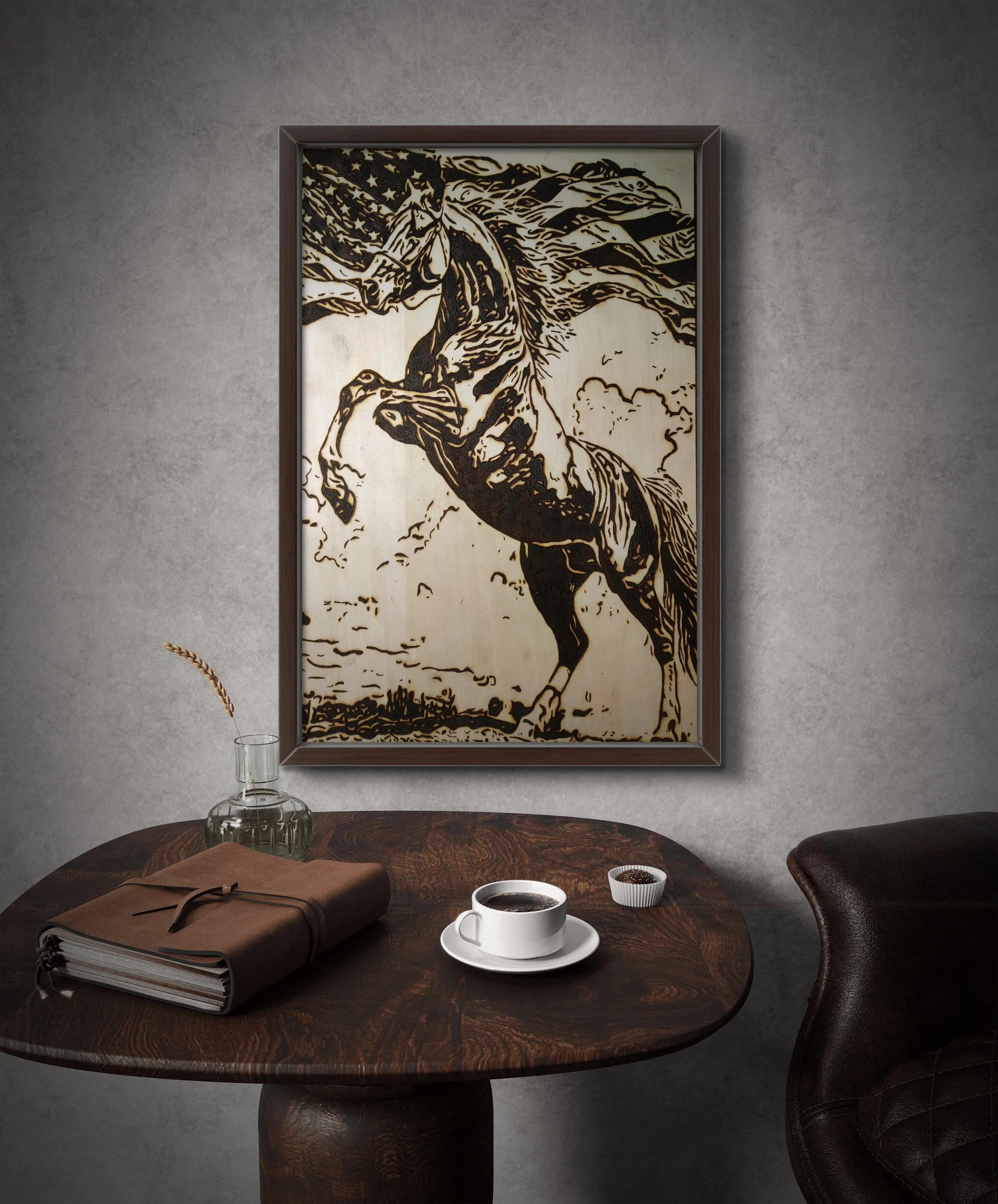 Custom wood-burning of a powerful horse rising without reins, symbolizing freedom and strength, rendered with bold line work as one-of-a-kind handcrafted pyrography.