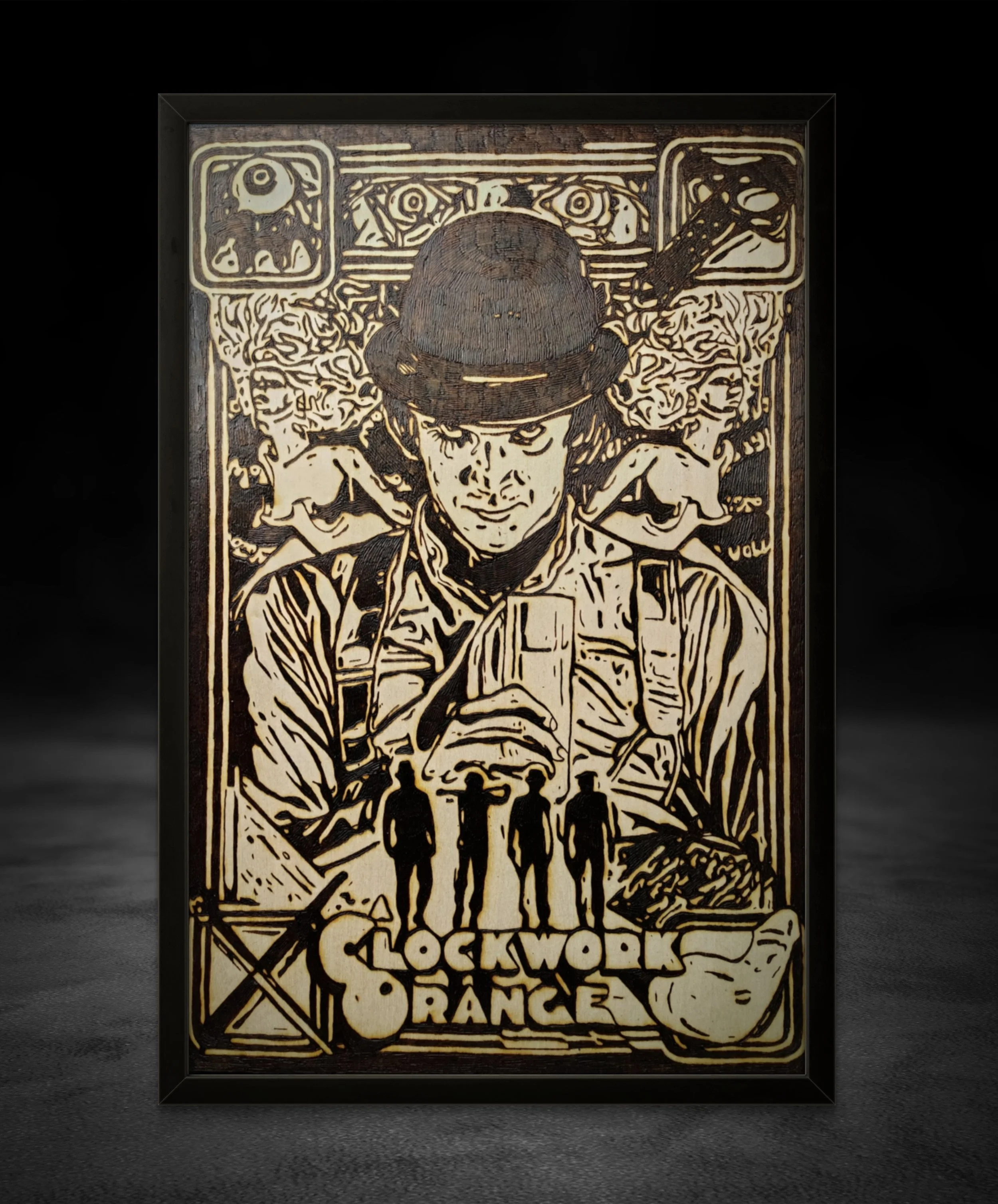 Handcrafted Clockwork Orange inspired wood-burned artwork depicting Alex DeLarge in a bowler hat