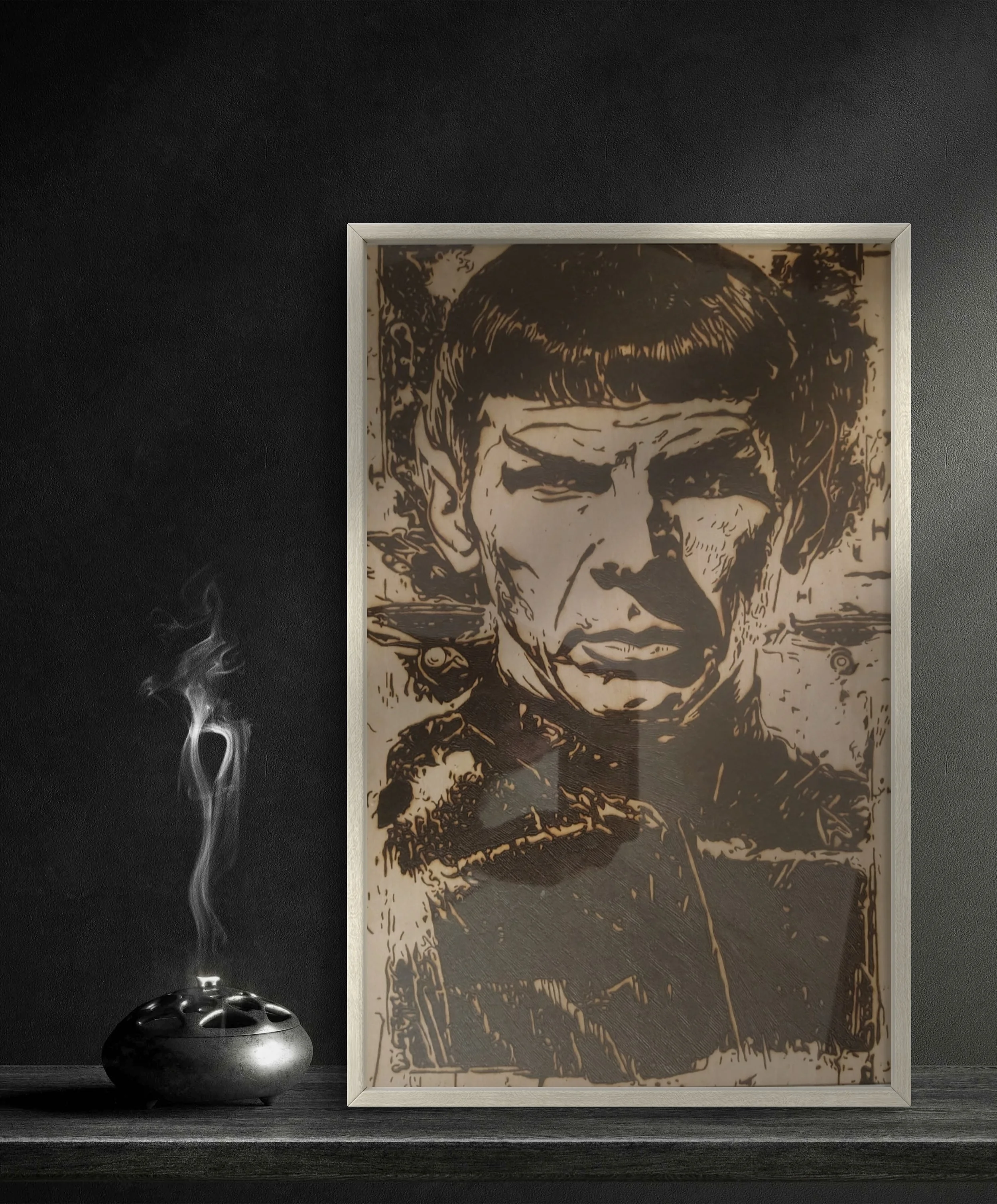 Original sci-fi portrait pyrography artwork created with traditional wood burning techniques, burned by hand into basswood with visible grain interaction and detailed texture