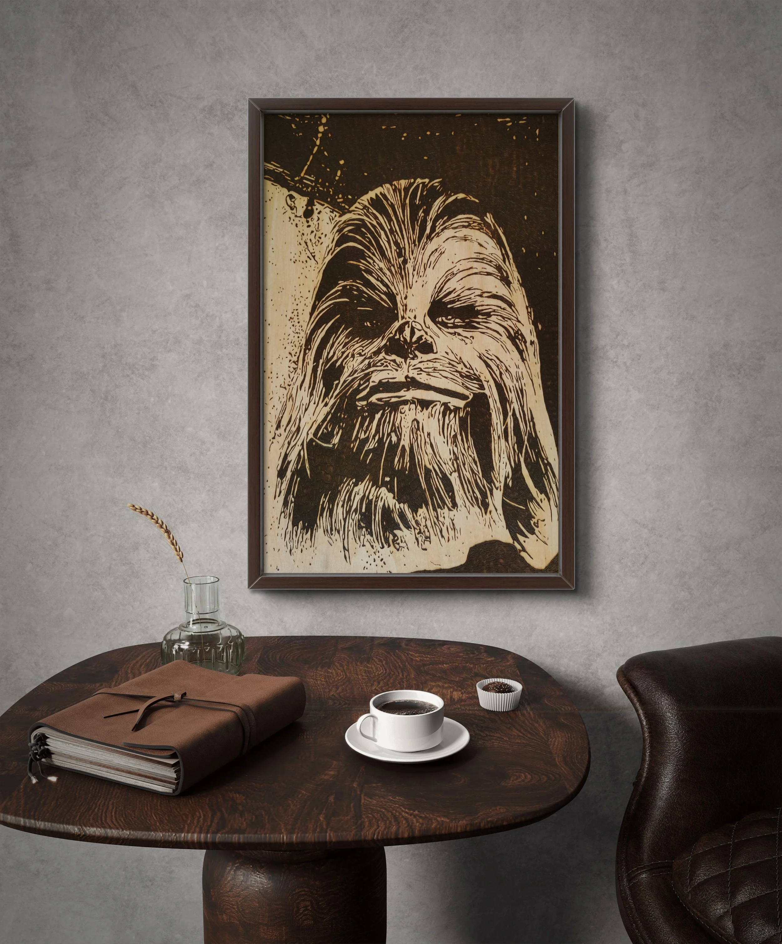 Framed Chewbacca wood burning art hanging above table, original hand-burned basswood artwork, cinematic sci-fi character pyrography wall decor