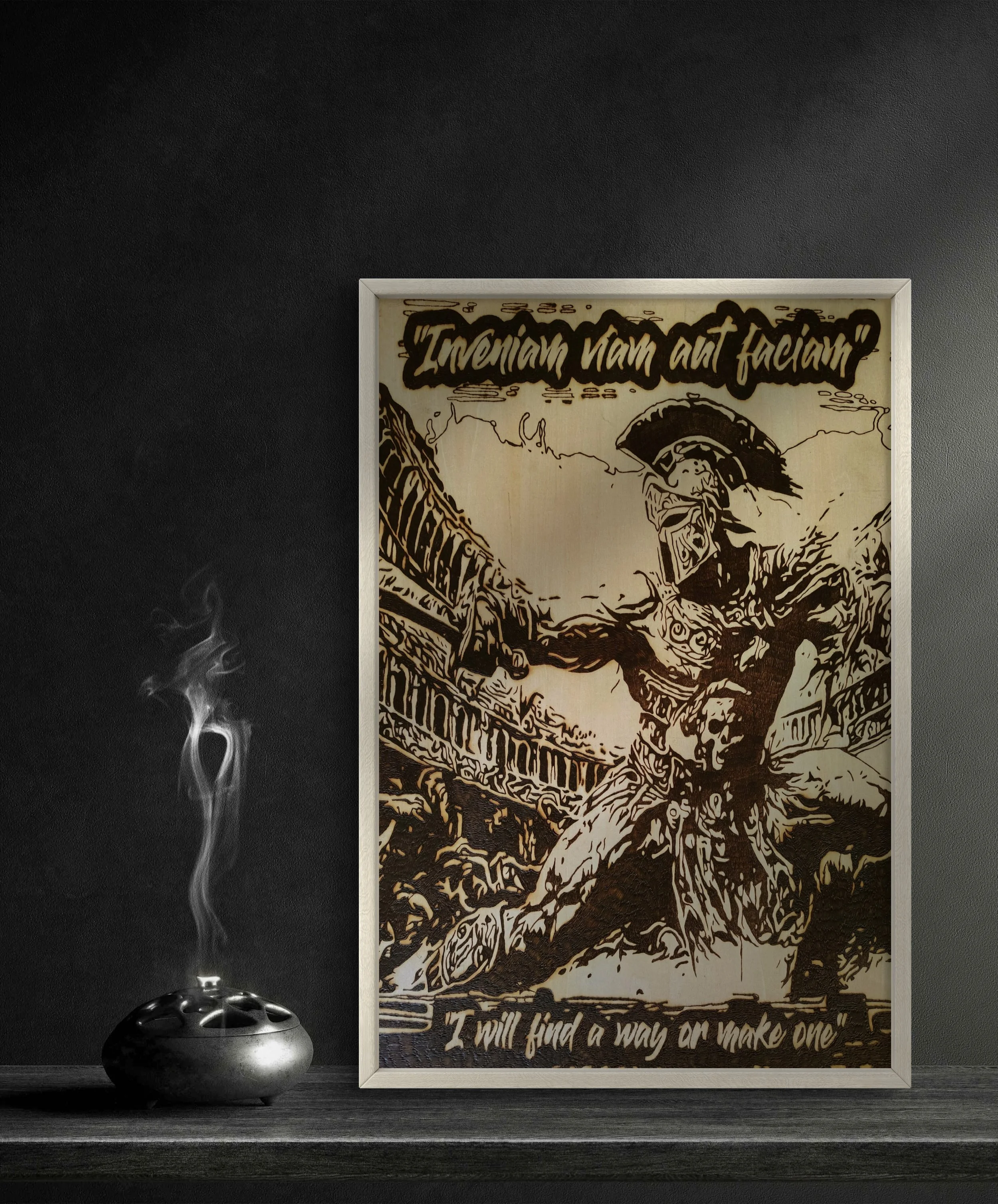 hand-burned wood art depicting a Roman gladiator in a ruined arena, original pyrography artwork burned into solid basswood