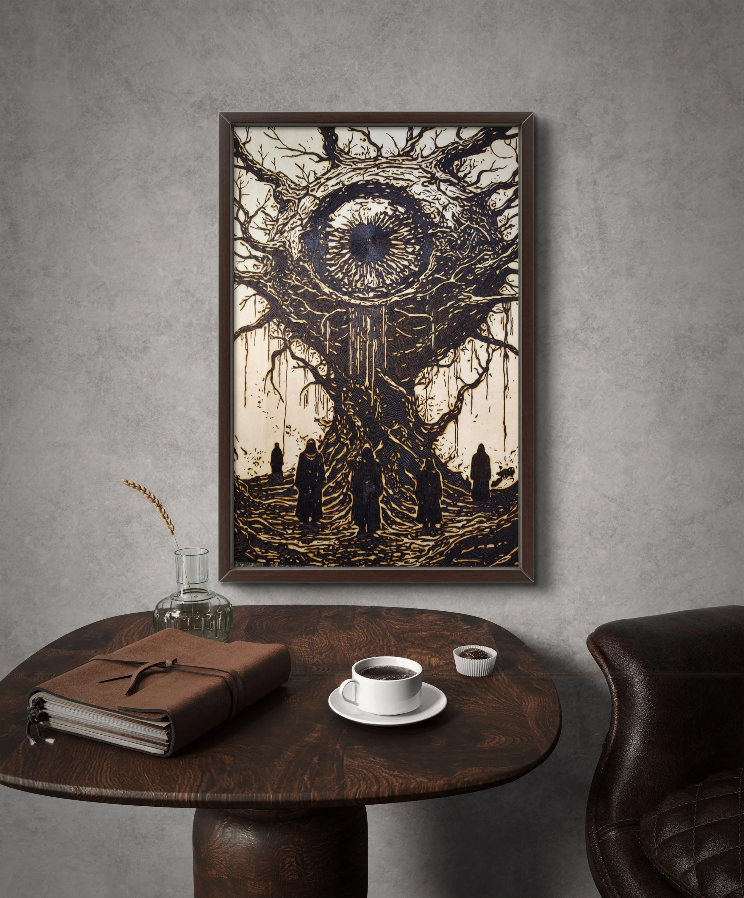 Original surreal eye tree wood burning artwork displayed in a modern interior setting, featuring hand-burned pyrography depicting a monolithic eye form with symbolic figures below